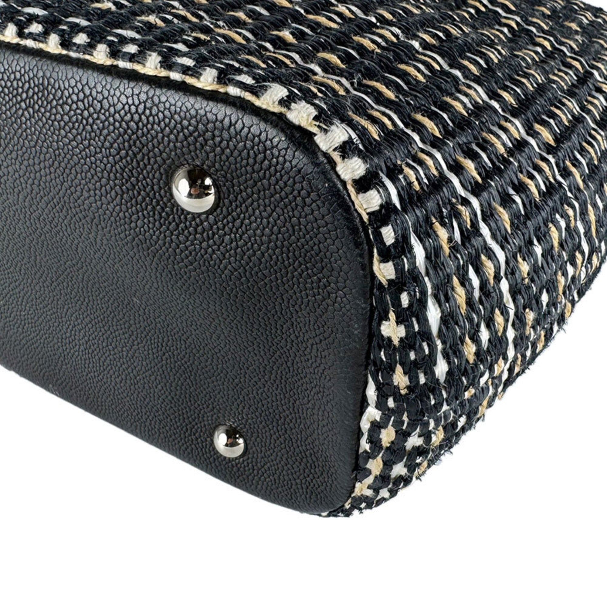 Chanel Beige Black White Raffia Handbag Shoulder Bag (Pre-Owned)