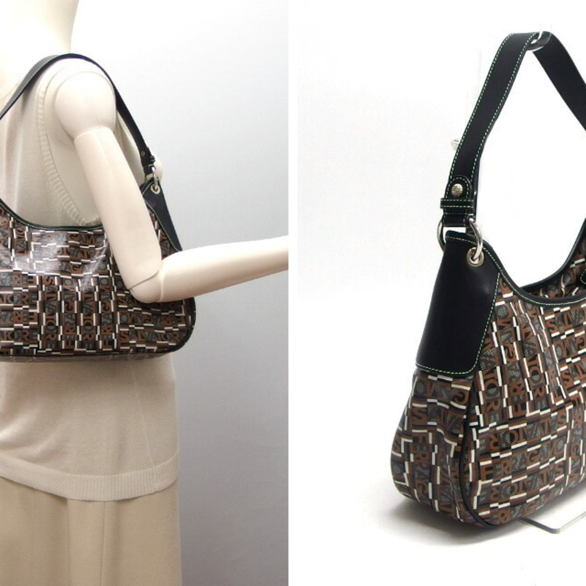 Salvatore Ferragamo Black Dark Brown Multi-Color Coated Canvas Leather Shoulder Bag (Pre-Owned)