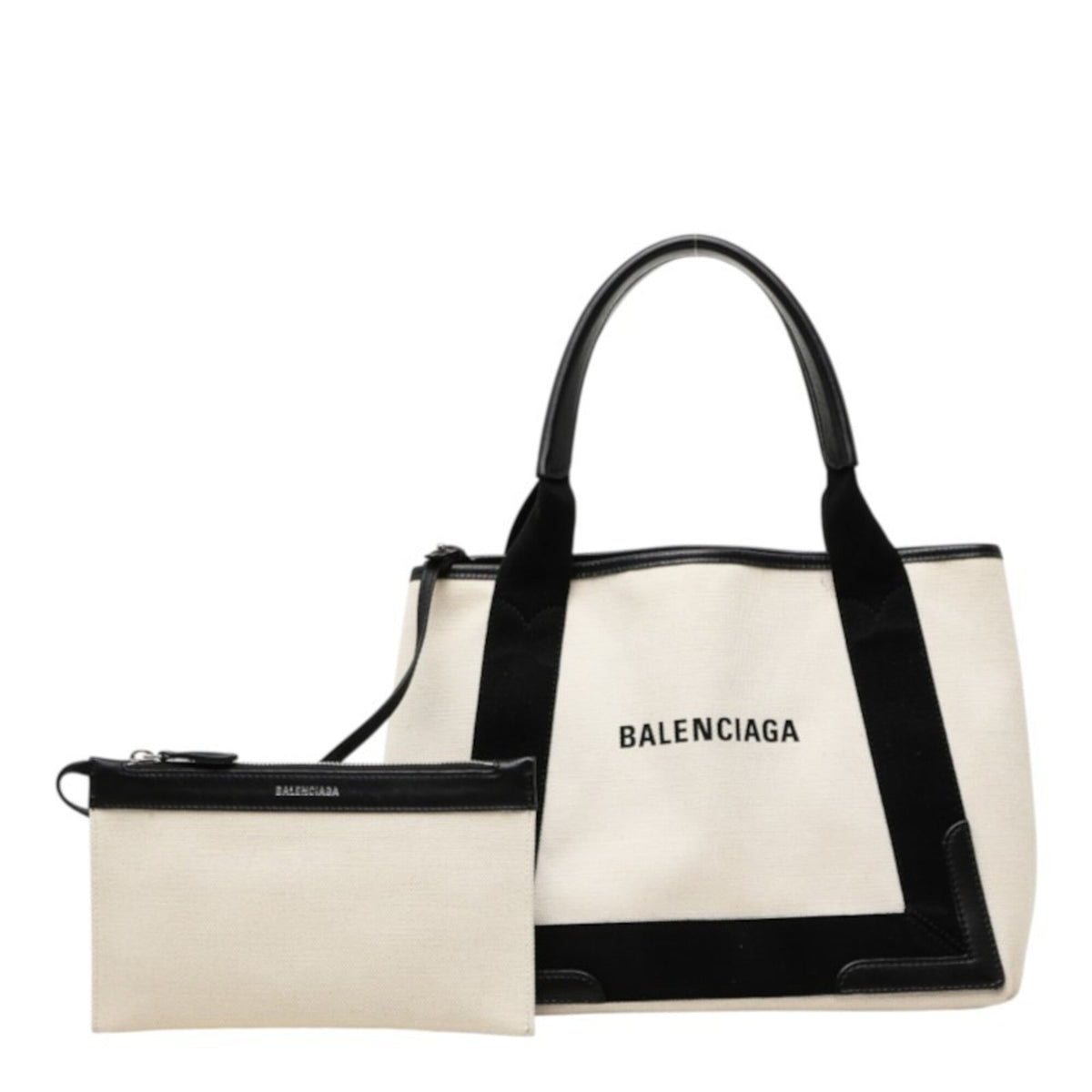 Balenciaga Black Ivory Canvas Leather Handbag Tote Bag (Pre-Owned)