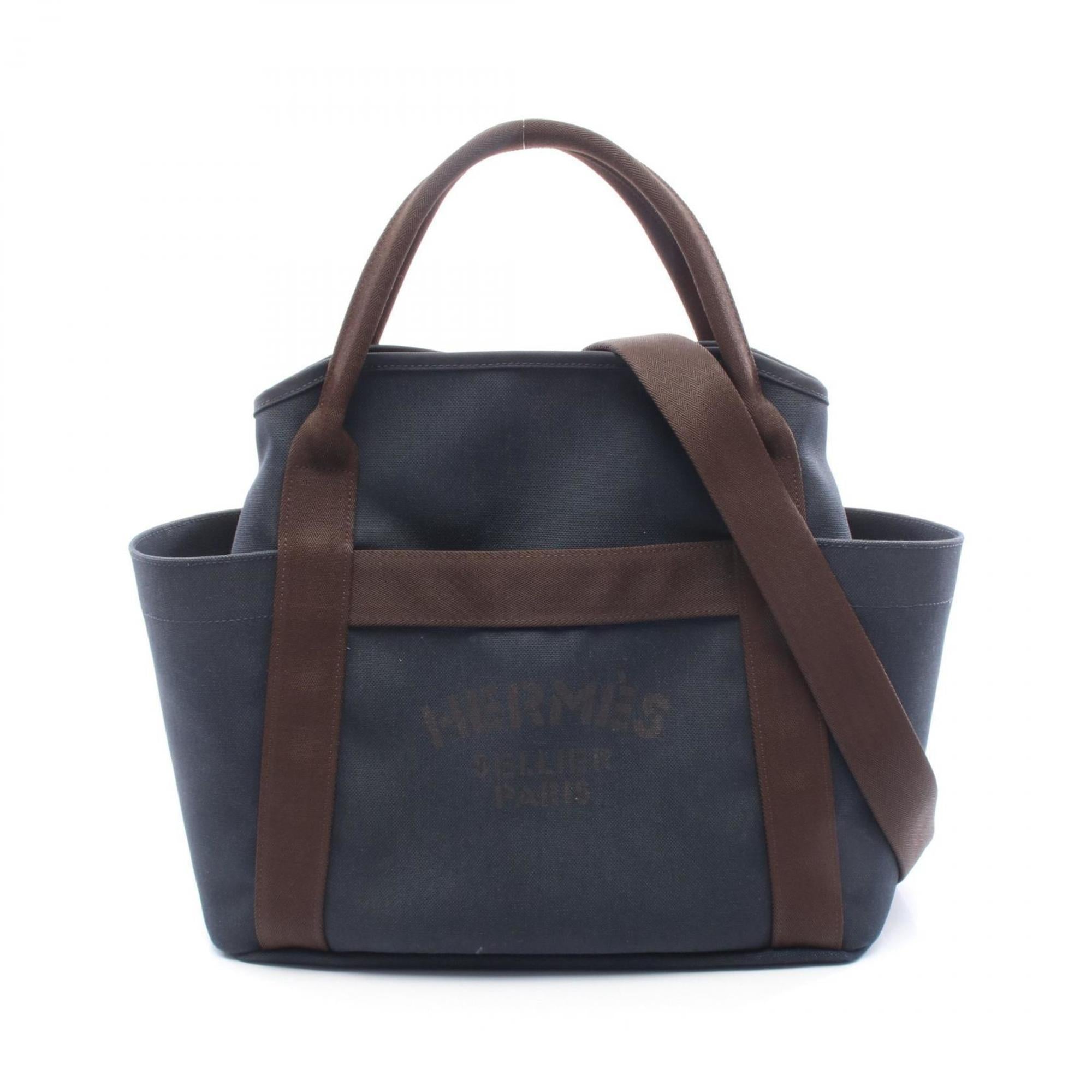 Hermes Brown Navy Canvas Toile Chevron Handbag Tote Bag (Pre-Owned)