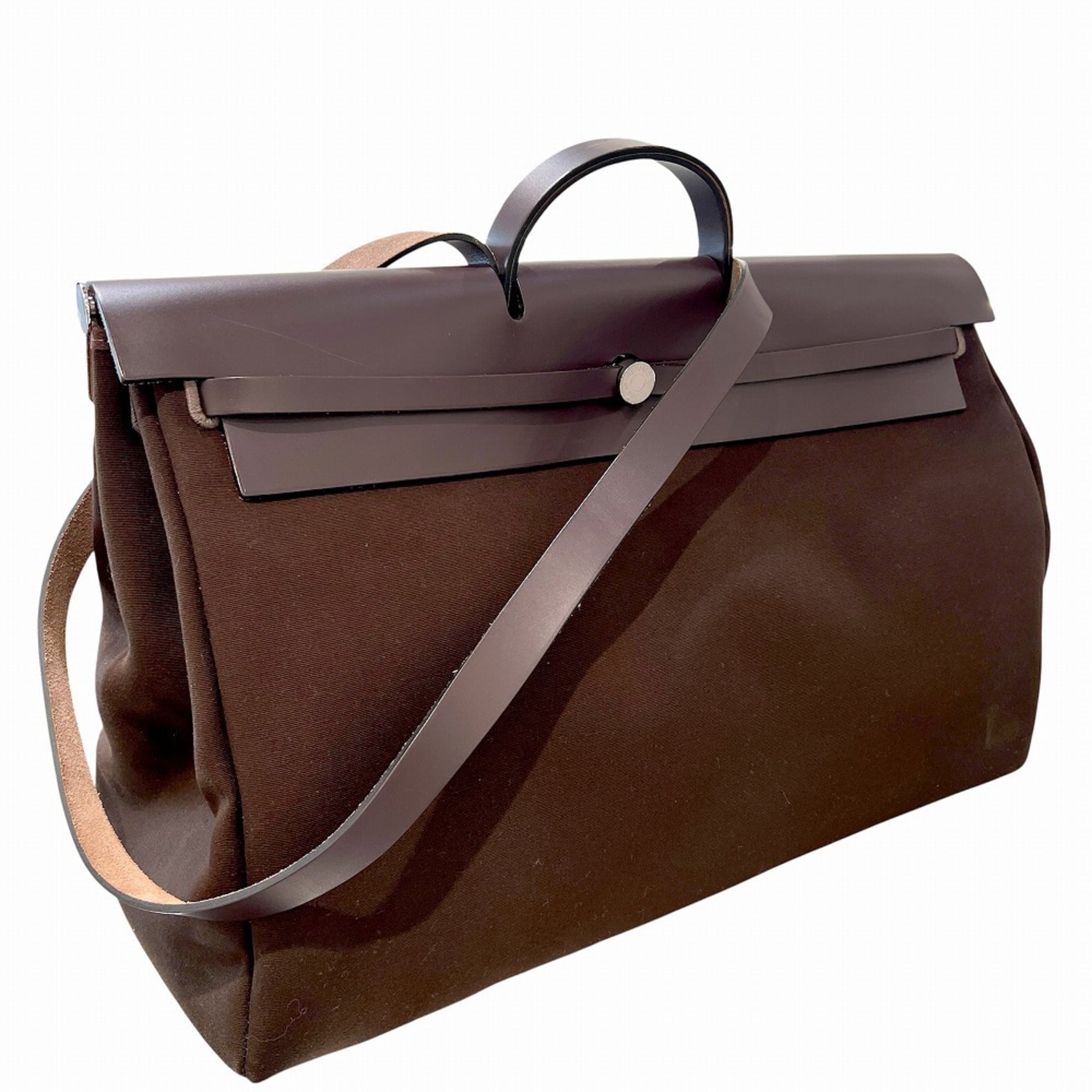 Hermes Brown Canvas Leather Pouch Tote Bag (Pre-Owned)