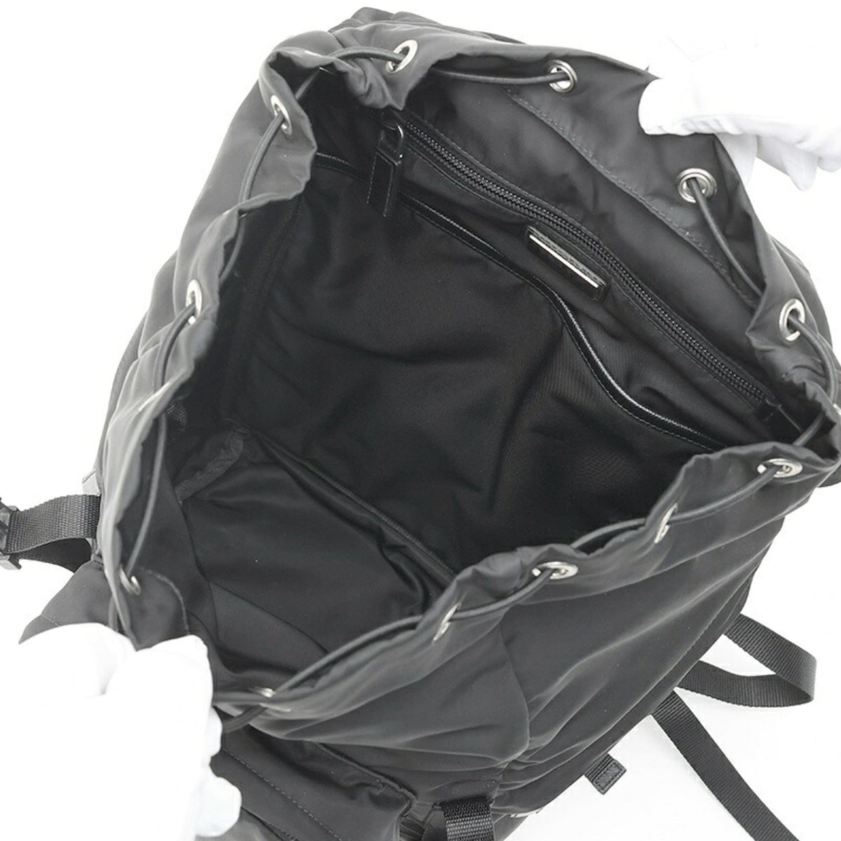 Prada Black Fabric Saffiano Triangle Leather Backpack (Pre-Owned)