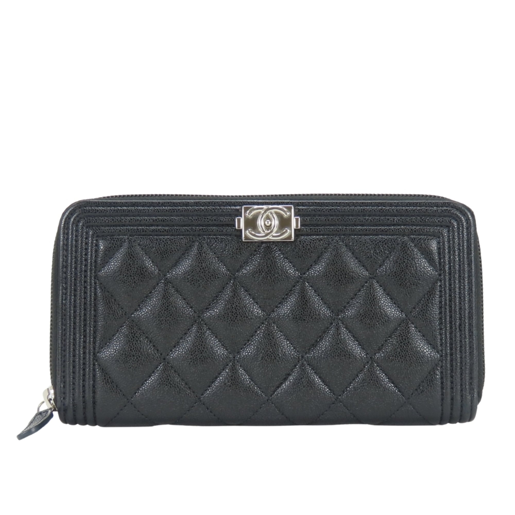 Chanel Boy Chanel Black Grained Calfskin Long Wallet (Bi-Fold) (Pre-Owned)