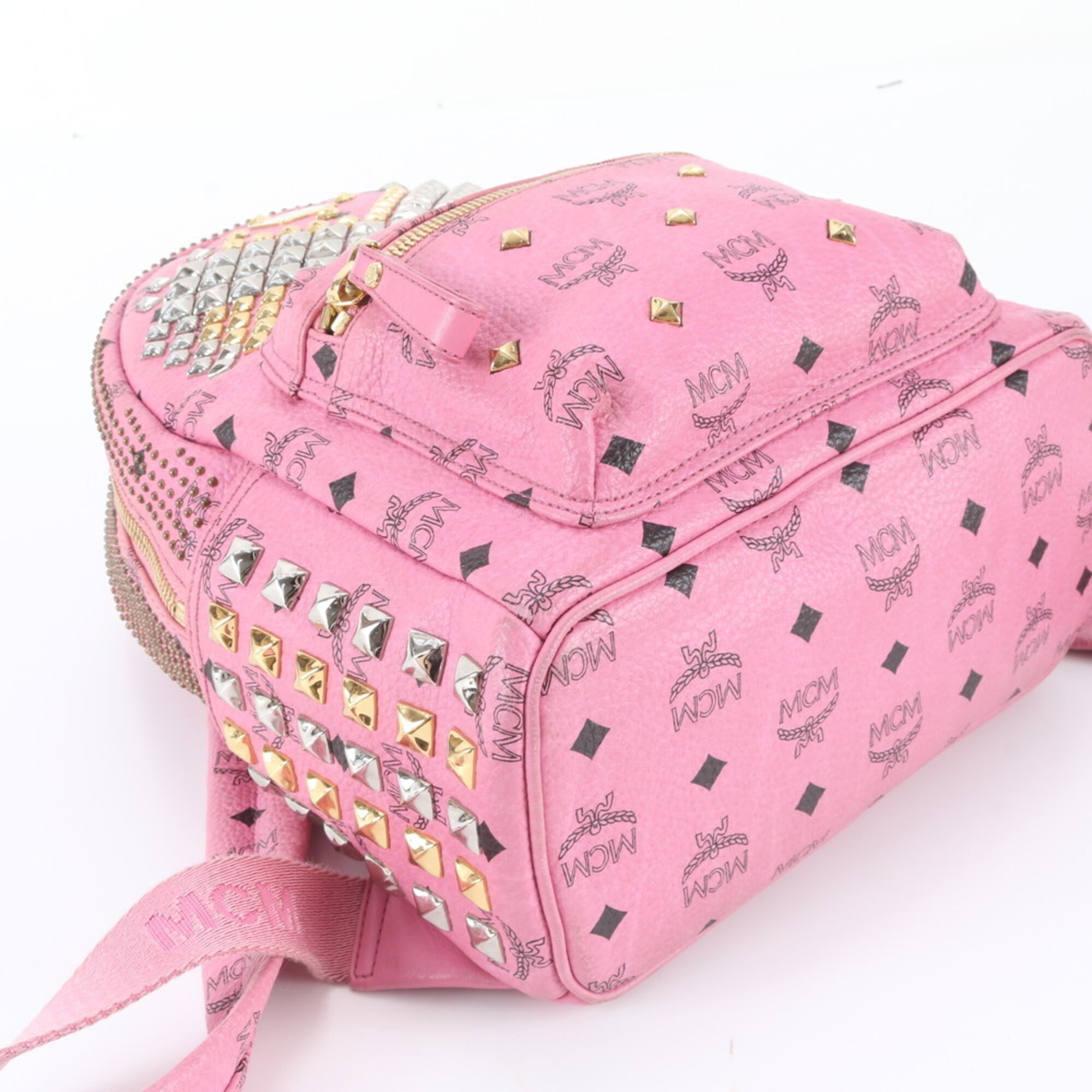 Mcm Pink Leather Coated Canvas Backpack Shoulder Bag (Pre-Owned)