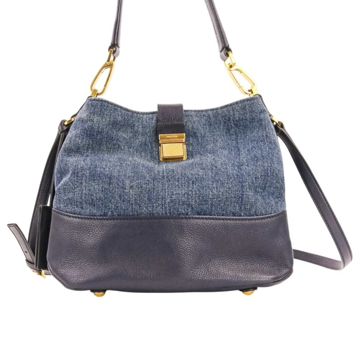 Miu Miu Navy Leather Denim Tote Bag (Pre-Owned)
