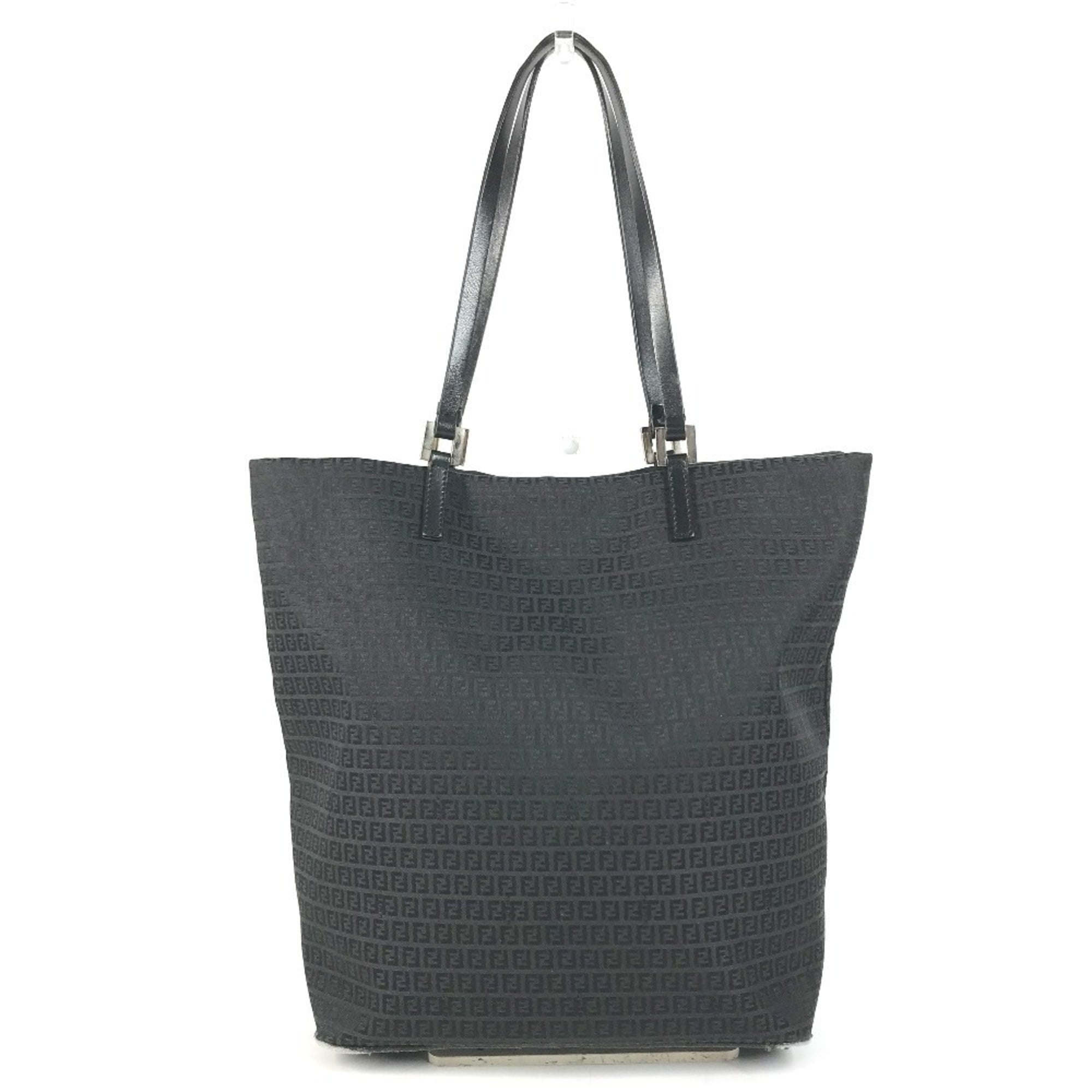 Fendi Zucchino Black Leather Canvas Shoulder Bag Tote Bag (Pre-Owned)