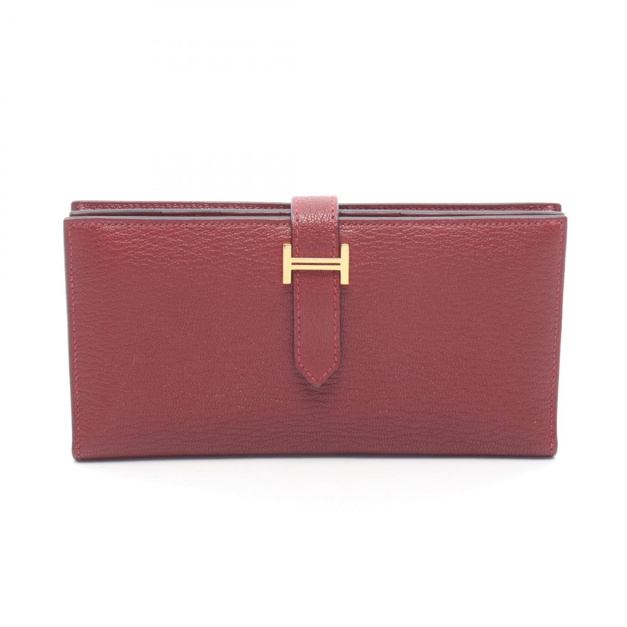 Hermes Bearn Bordeaux Rouge H Chevre Leather Long Wallet (Bi-Fold) (Pre-Owned)