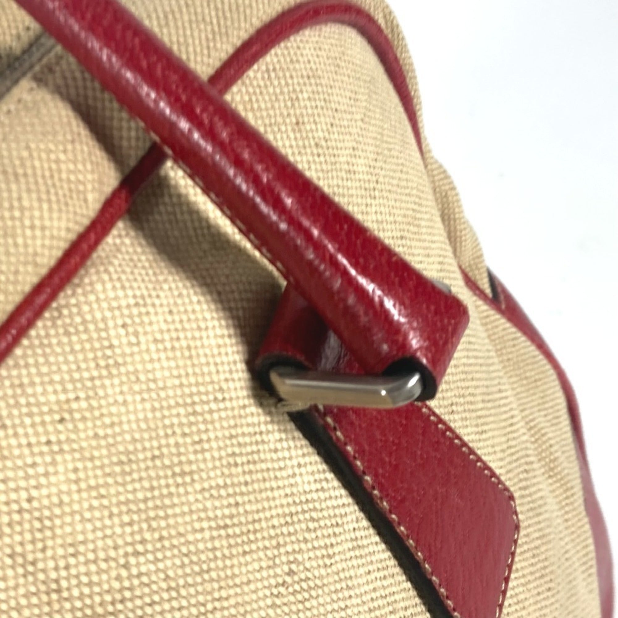 Prada Beige Red Color Leather Canvas Boston Bag Shoulder Bag (Pre-Owned)