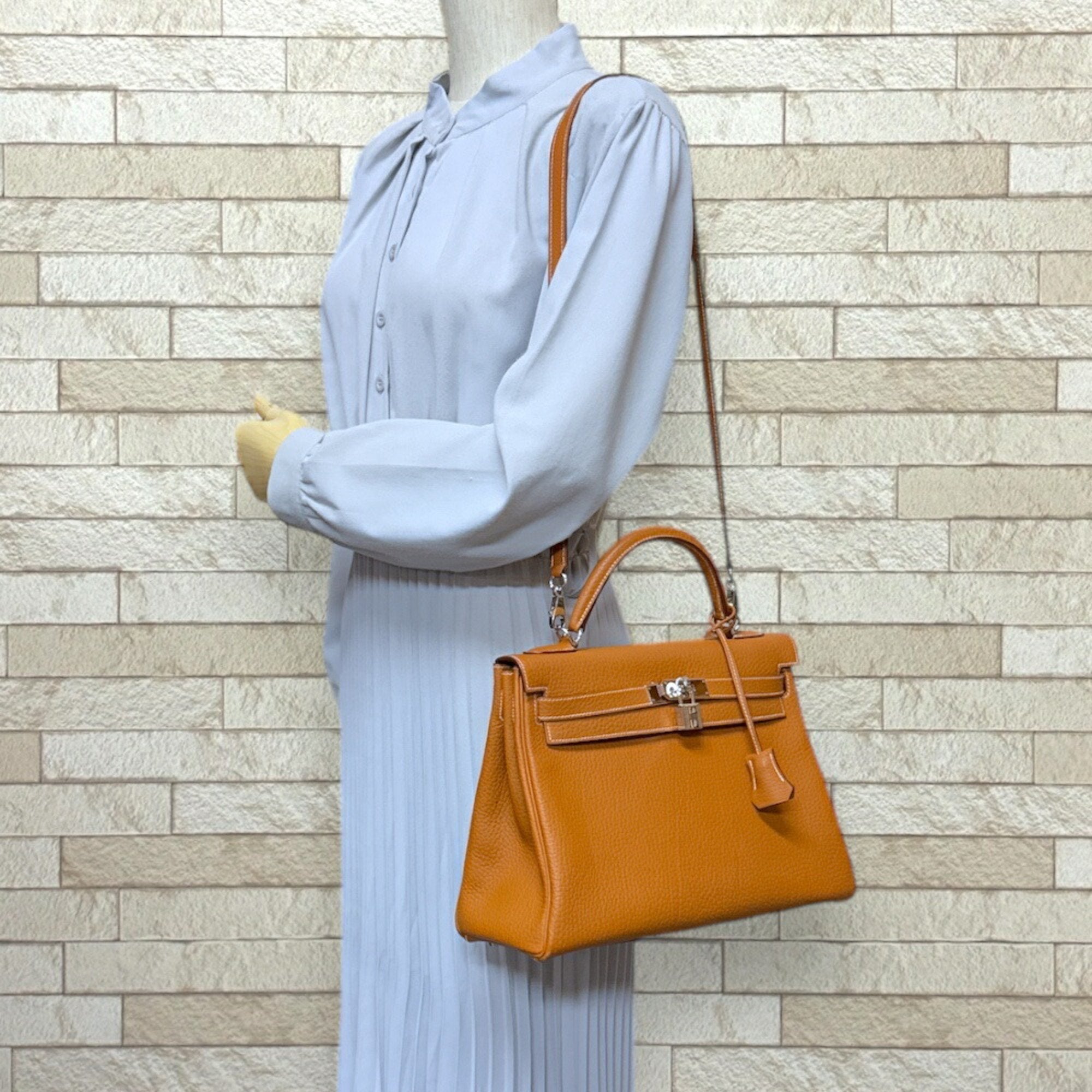 Hermes Kelly Brown Gold Taurillon Clemence Leather Shoulder Bag (Pre-Owned)