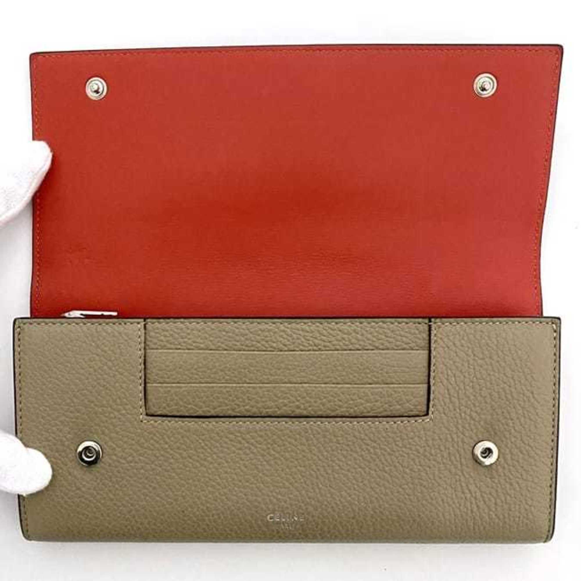 Celine Beige Red Color Leather Long Wallet (Bi-Fold) (Pre-Owned)