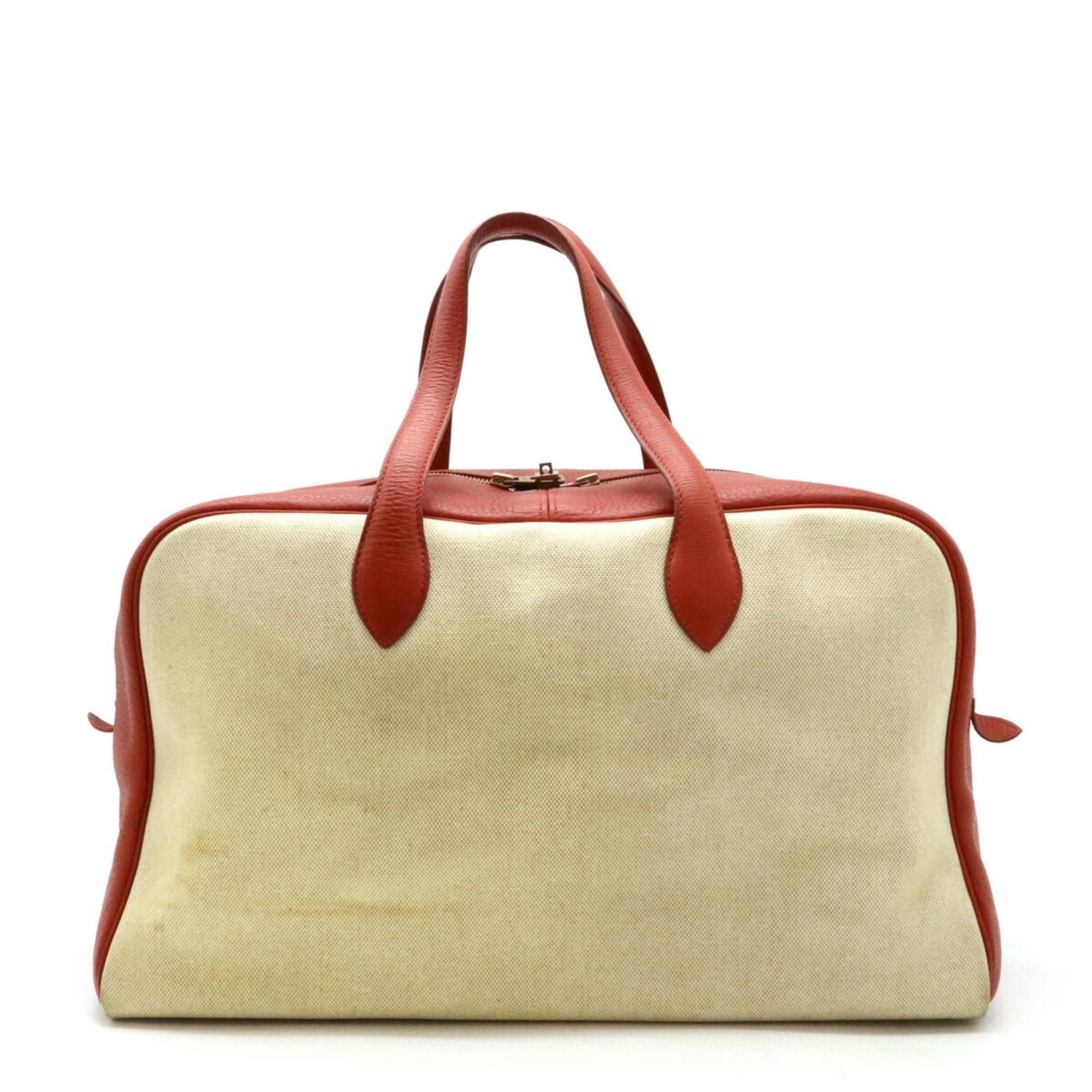 Hermes Beige Red Color Toile H Leather Boston Bag Handbag (Pre-Owned)
