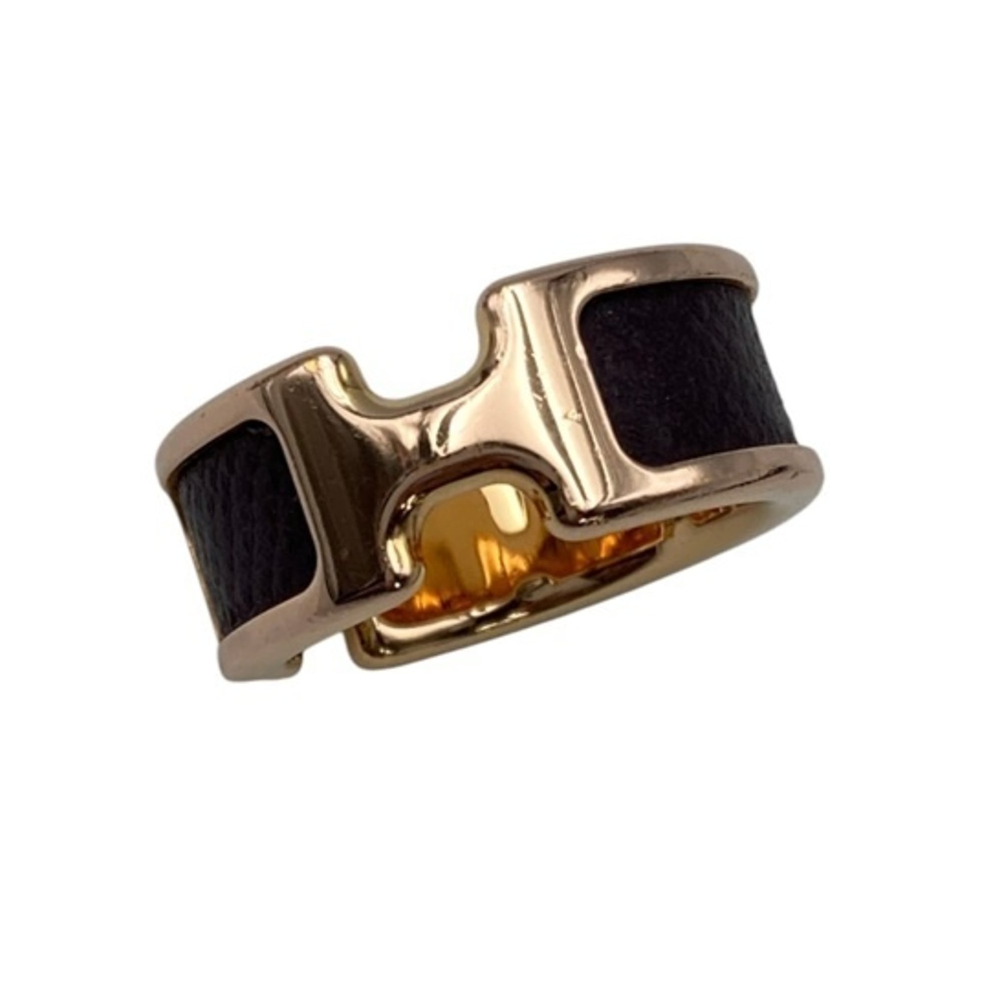 Hermes Dark Brown Yellow Leather Metal Band Ring (Pre-Owned)