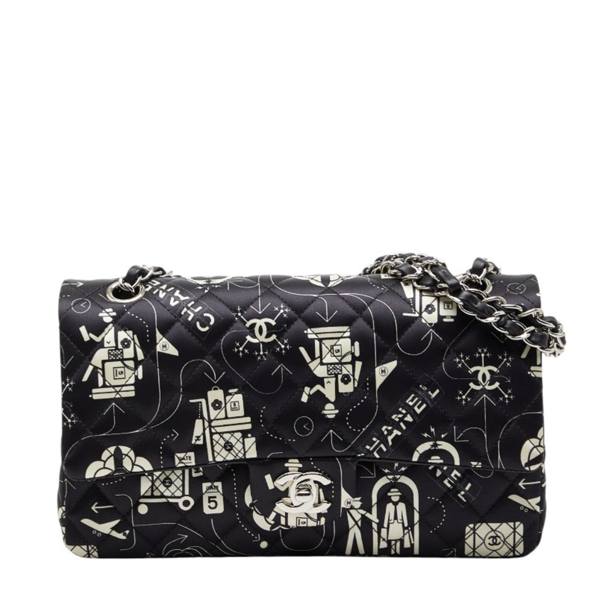 Chanel Black White Satin Leather Shoulder Bag (Pre-Owned)