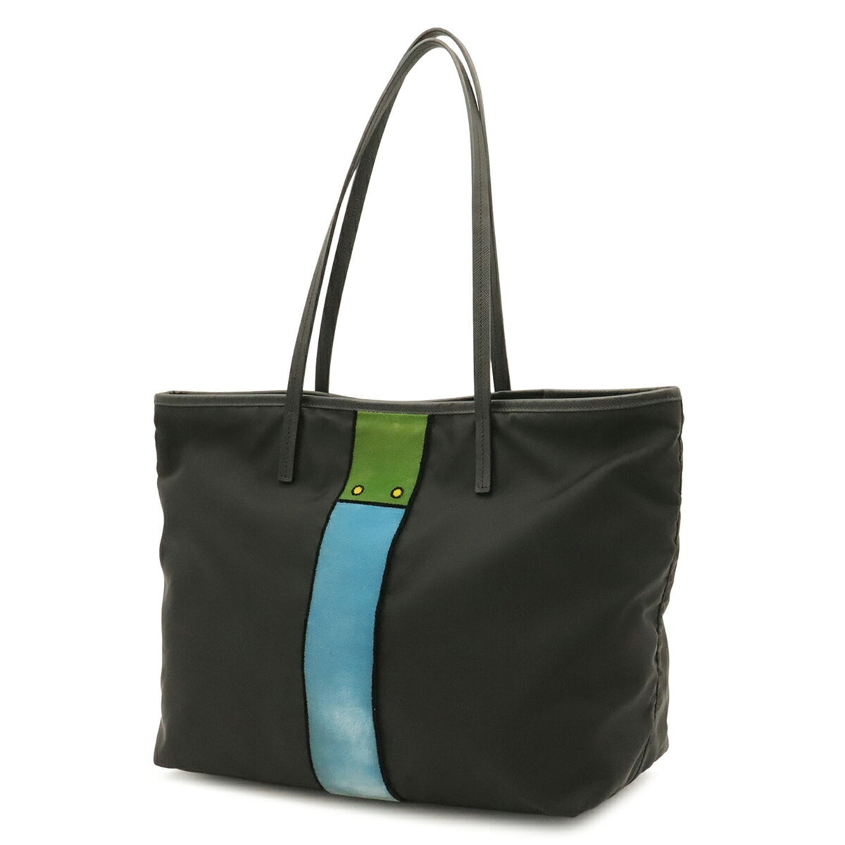 Prada Black Blue Nylon Leather Shoulder Bag Tote Bag (Pre-Owned)