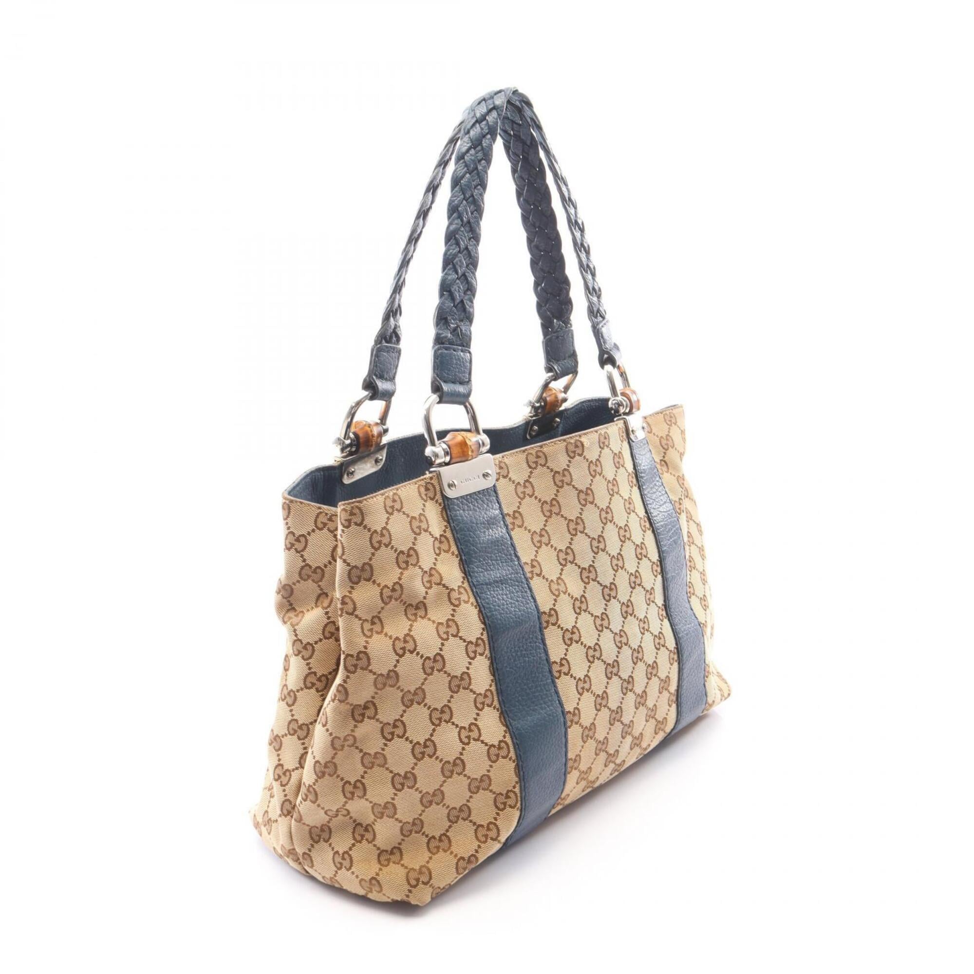 Gucci Beige Blue Canvas Leather Handbag Tote Bag (Pre-Owned)