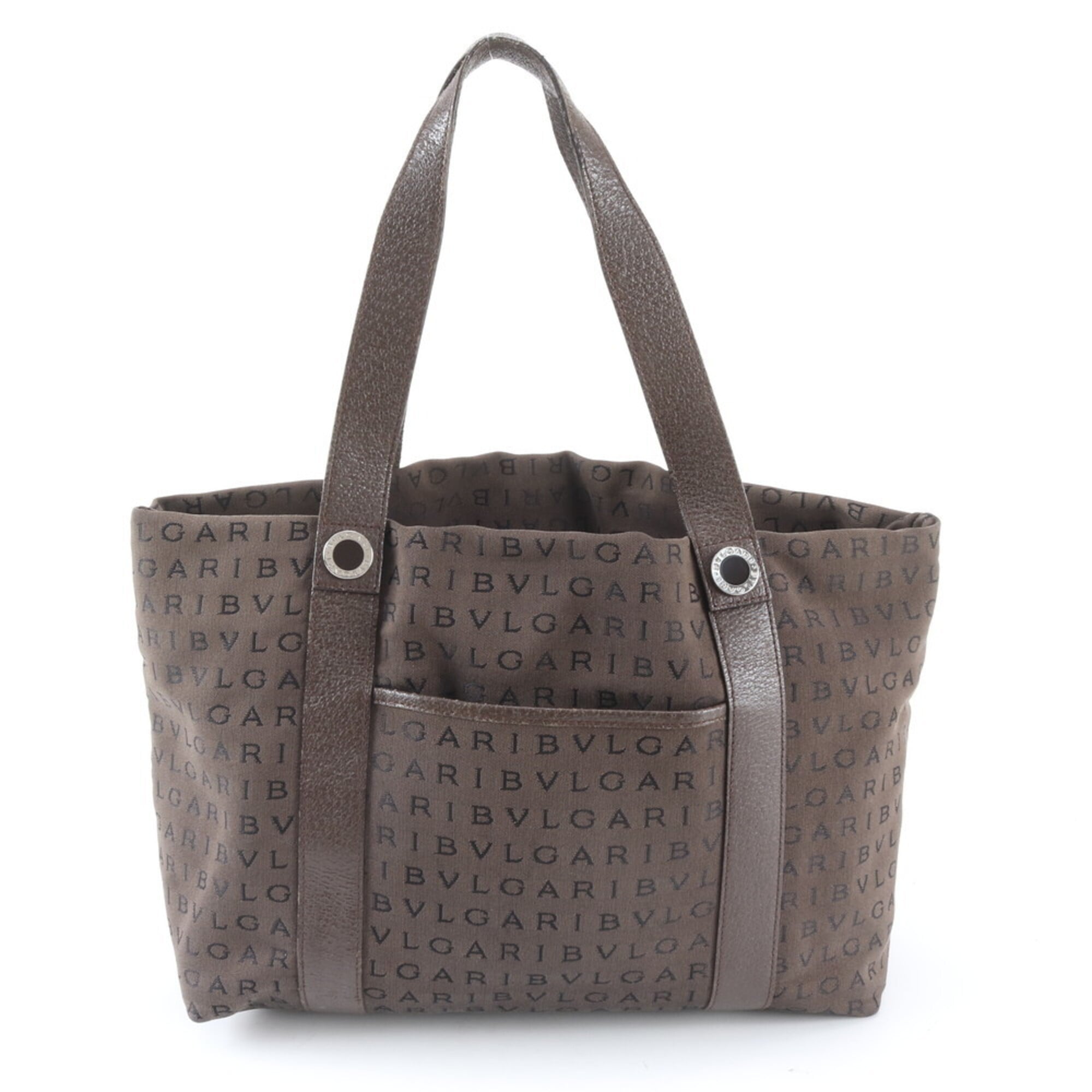 Bvlgari Brown Leather Canvas Shoulder Bag Tote Bag (Pre-Owned)