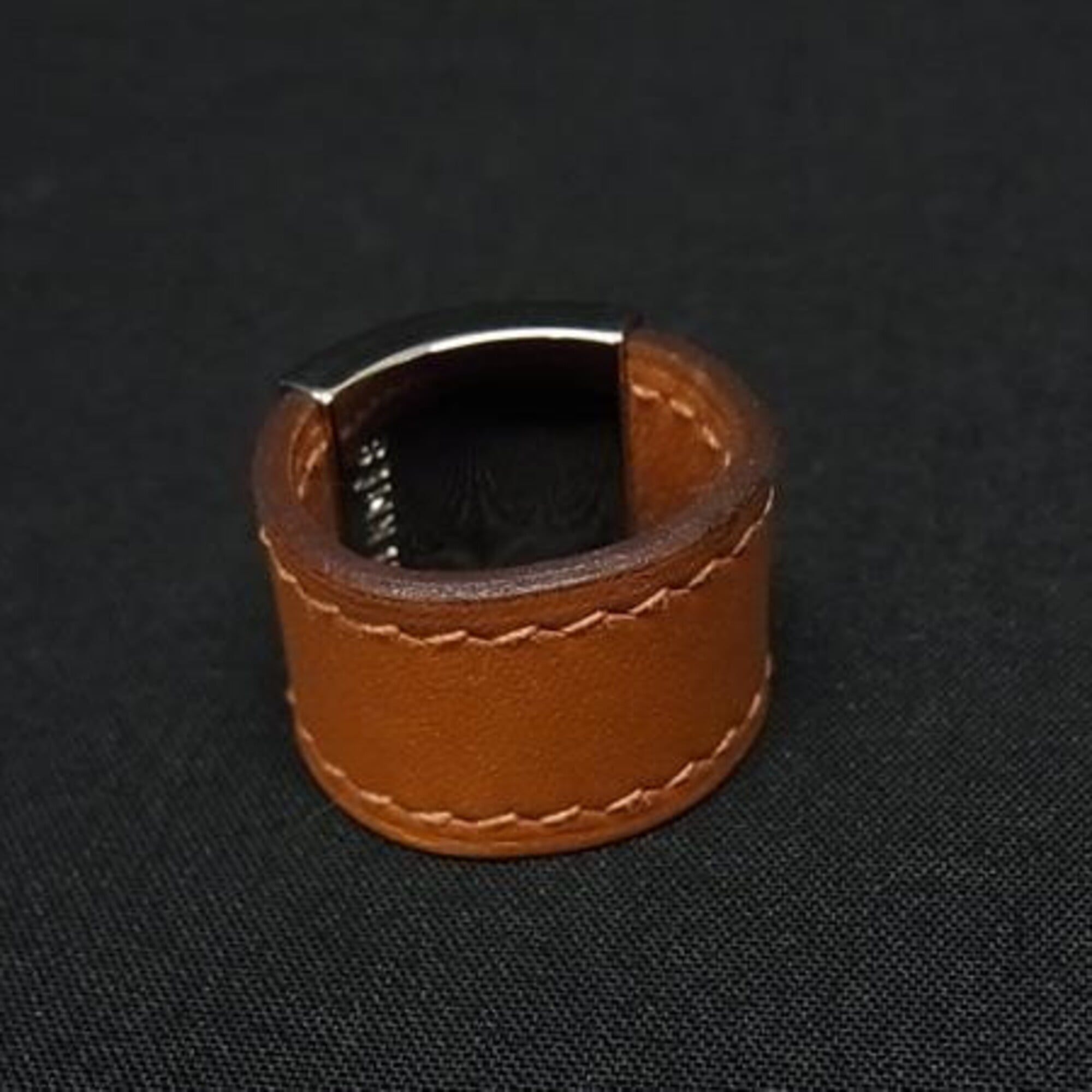 Hermes Lurie Silver Orange Metal Swift Leather Band Ring (Pre-Owned)