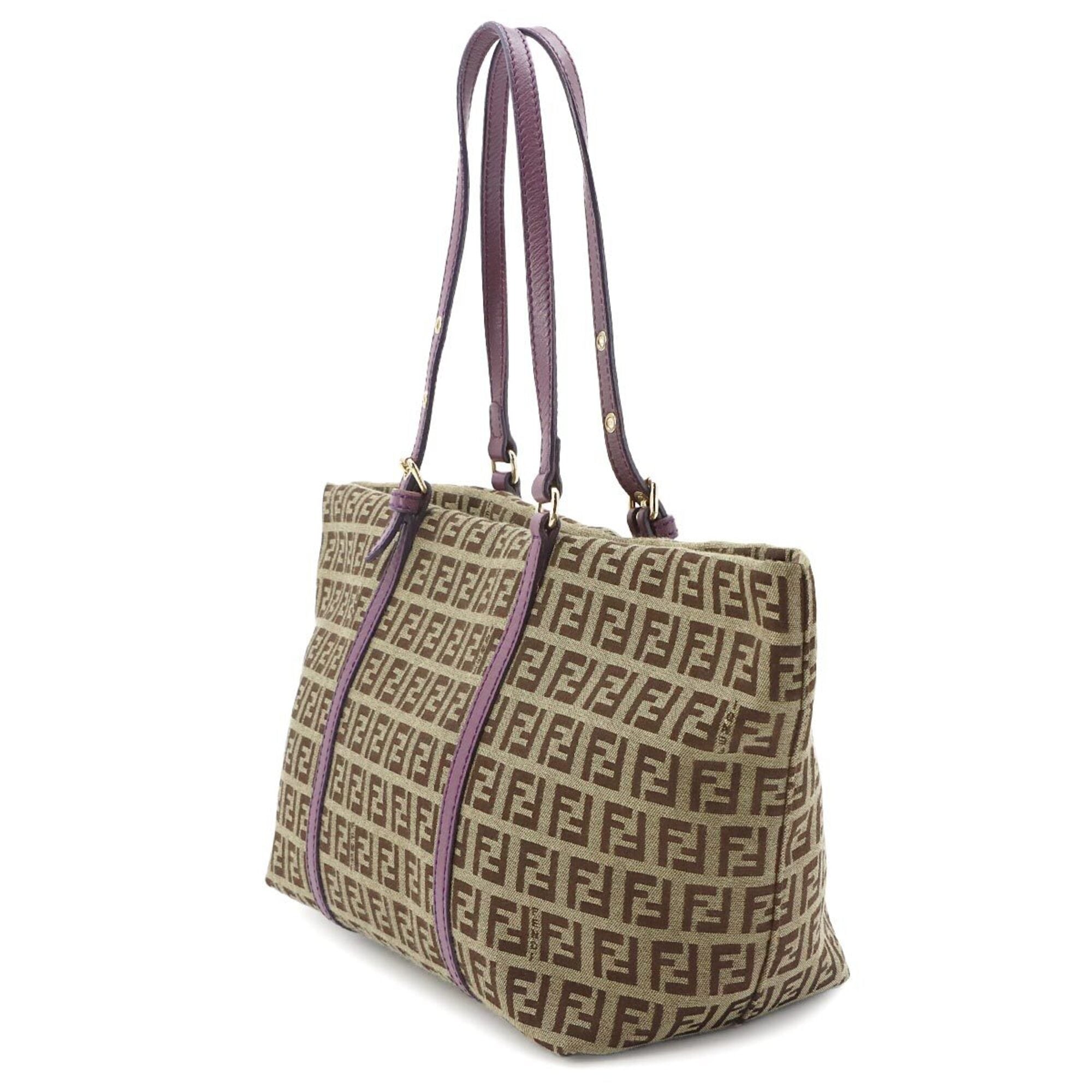 Fendi Beige Purple Canvas Leather Handbag Tote Bag (Pre-Owned)