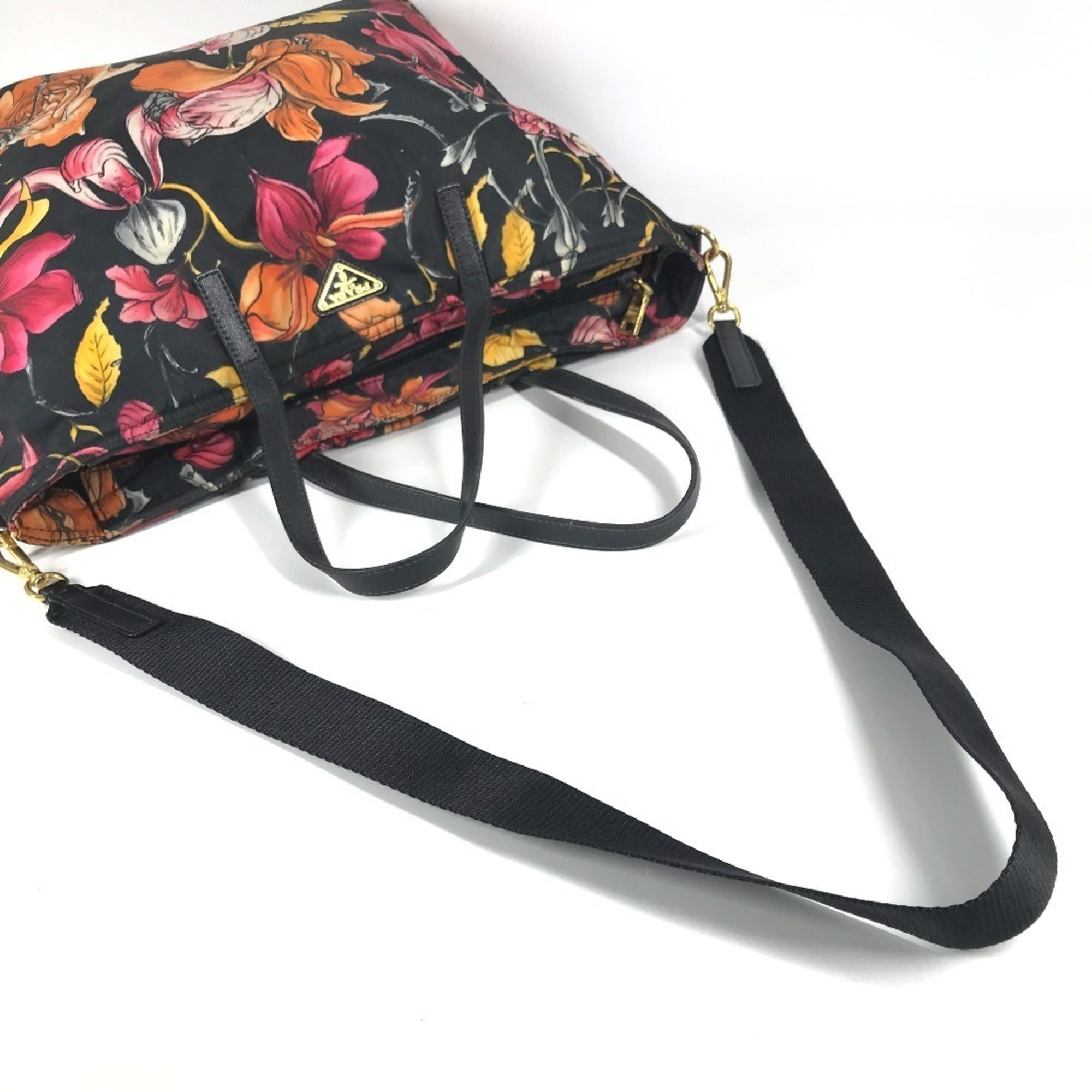 Prada Black Multi-Color Leather Nylon Handbag Shoulder Bag Tote Bag (Pre-Owned)