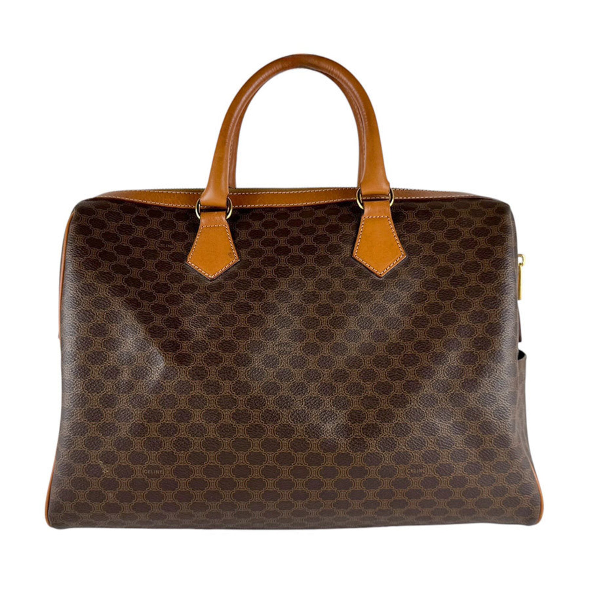 Celine Brown Coated Canvas Leather Boston Bag Handbag (Pre-Owned)