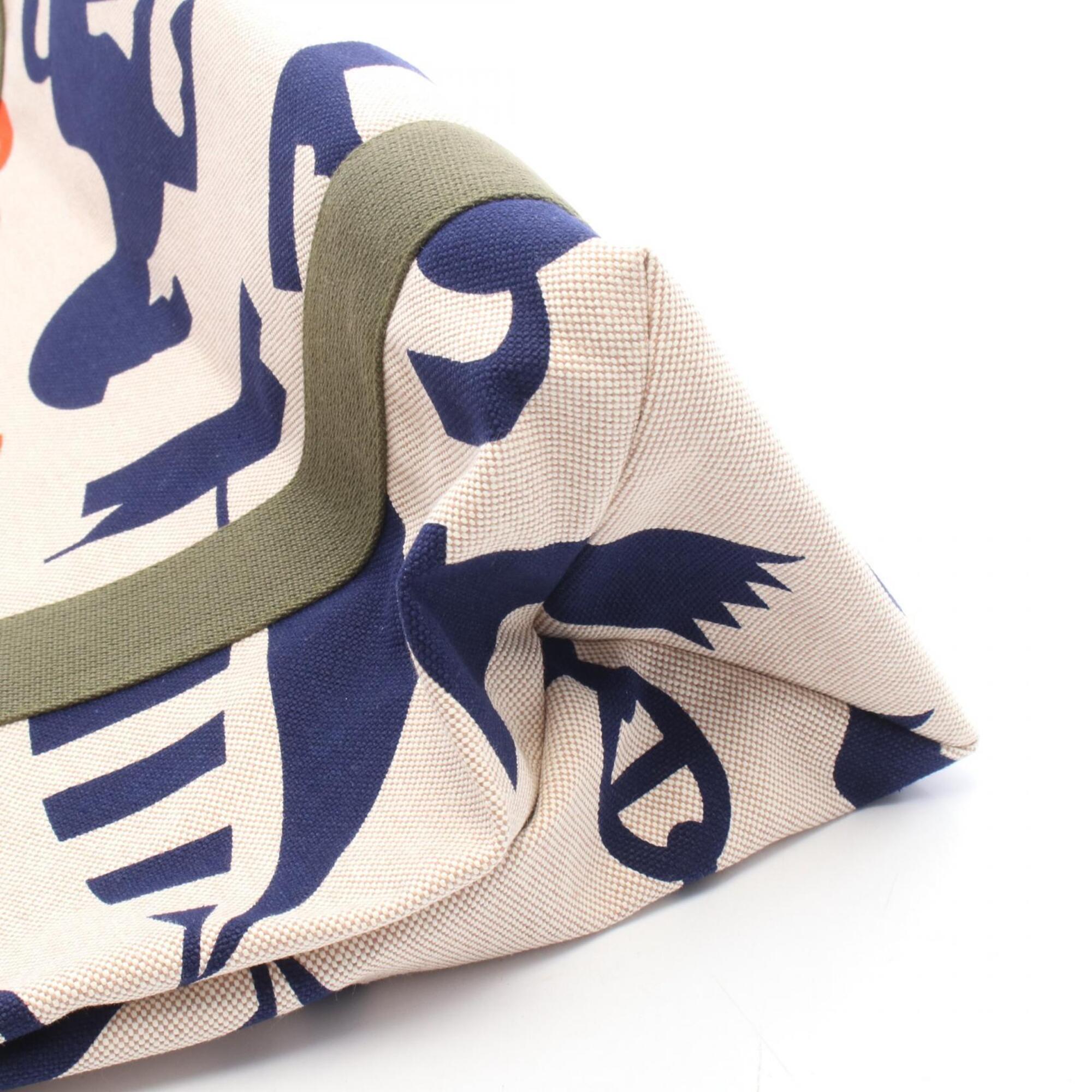 Hermes Beige Multi-Color Navy Canvas Beach Bag Handbag Tote Bag (Pre-Owned)