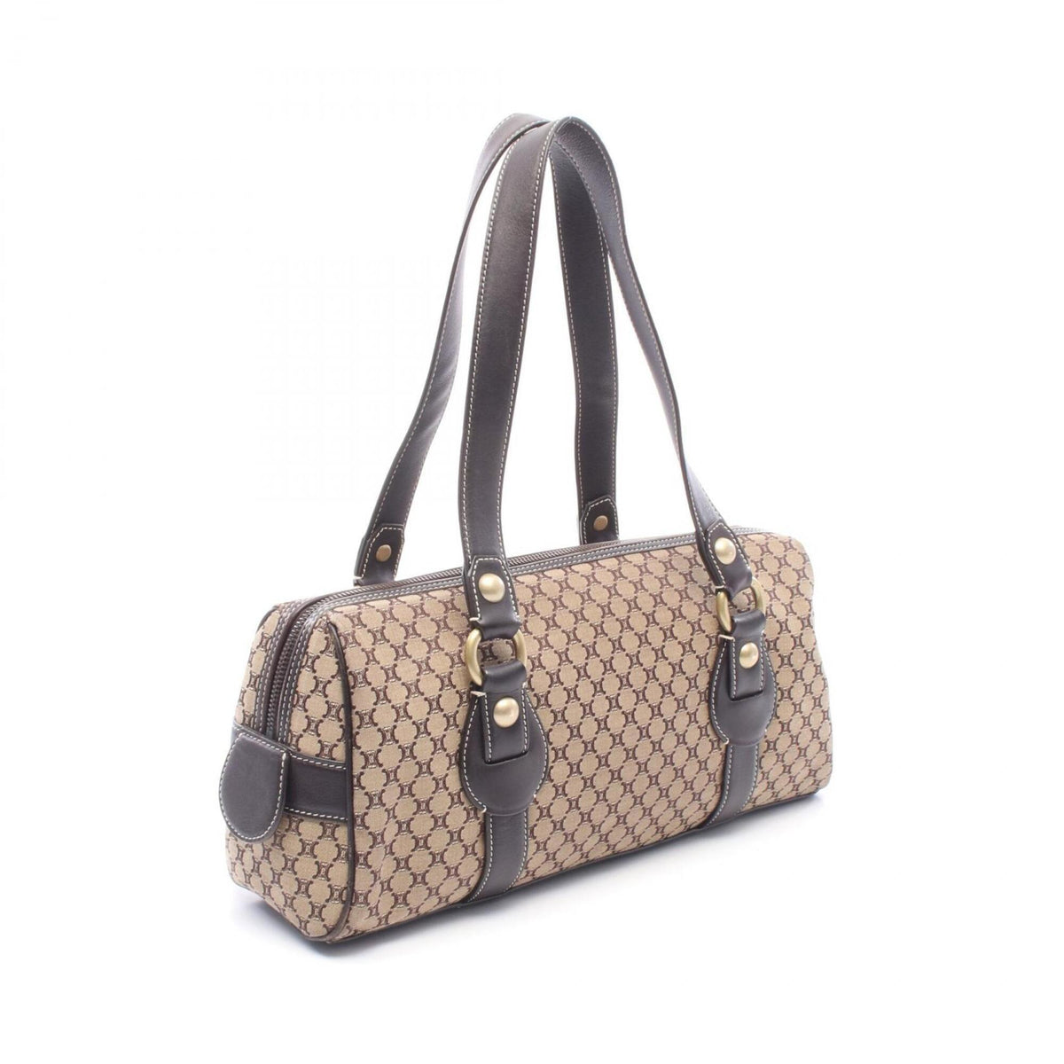 Celine Beige Brown Canvas Leather Boston Bag Handbag Shoulder Bag (Pre-Owned)