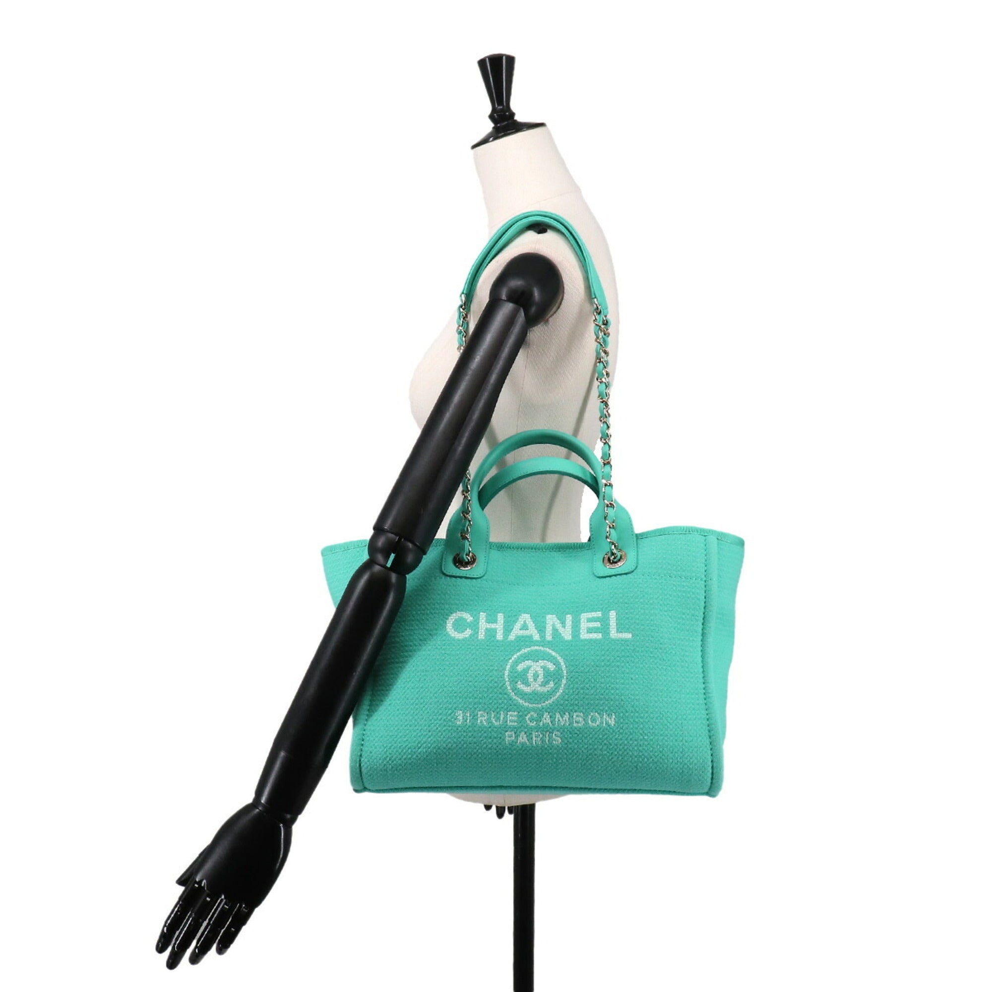 Chanel Blue Turquoise Canvas Leather Shopping Bag Shoulder Bag Tote Bag (Pre-Owned)