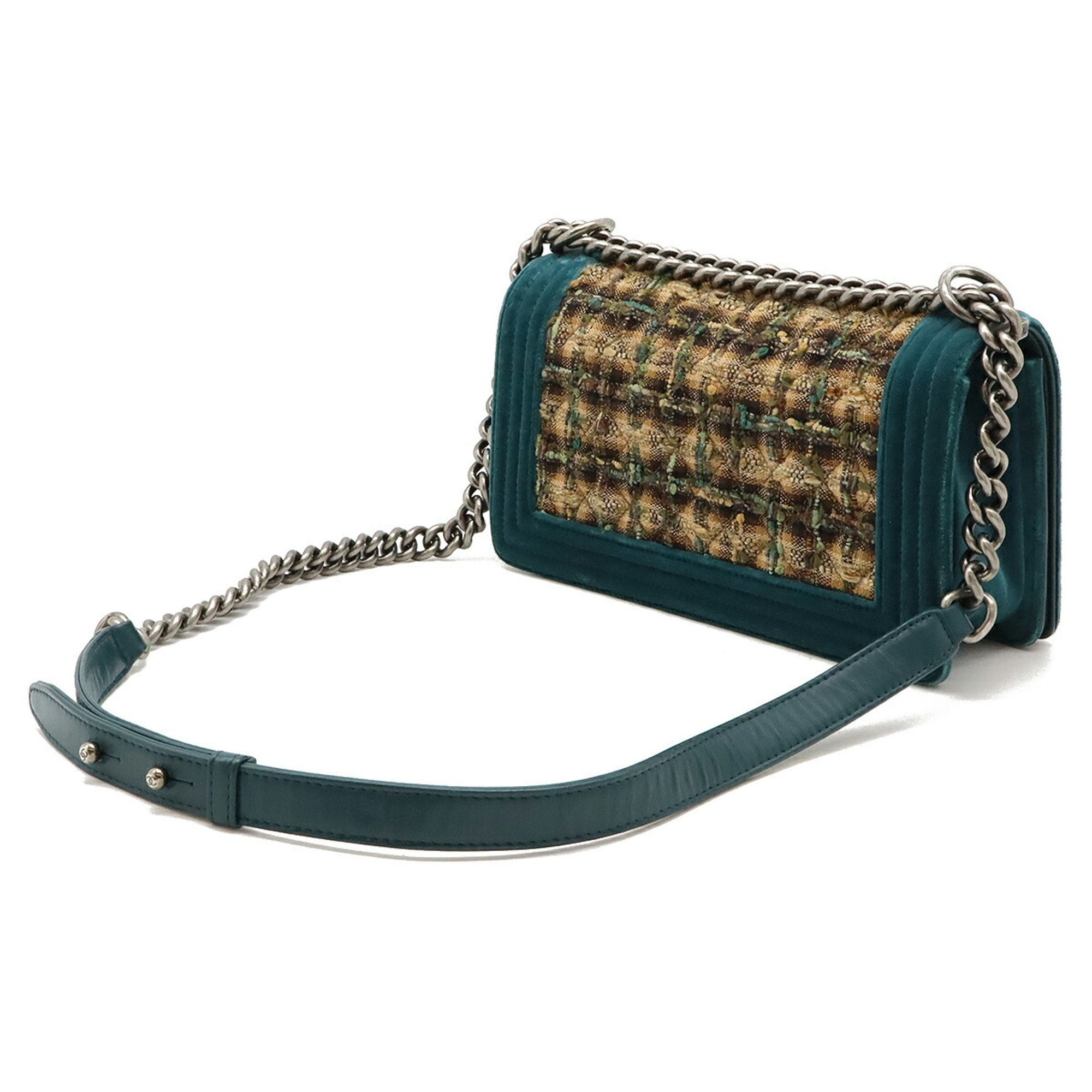 Chanel Green Multi-Color Tweed Leather Shoulder Bag (Pre-Owned)