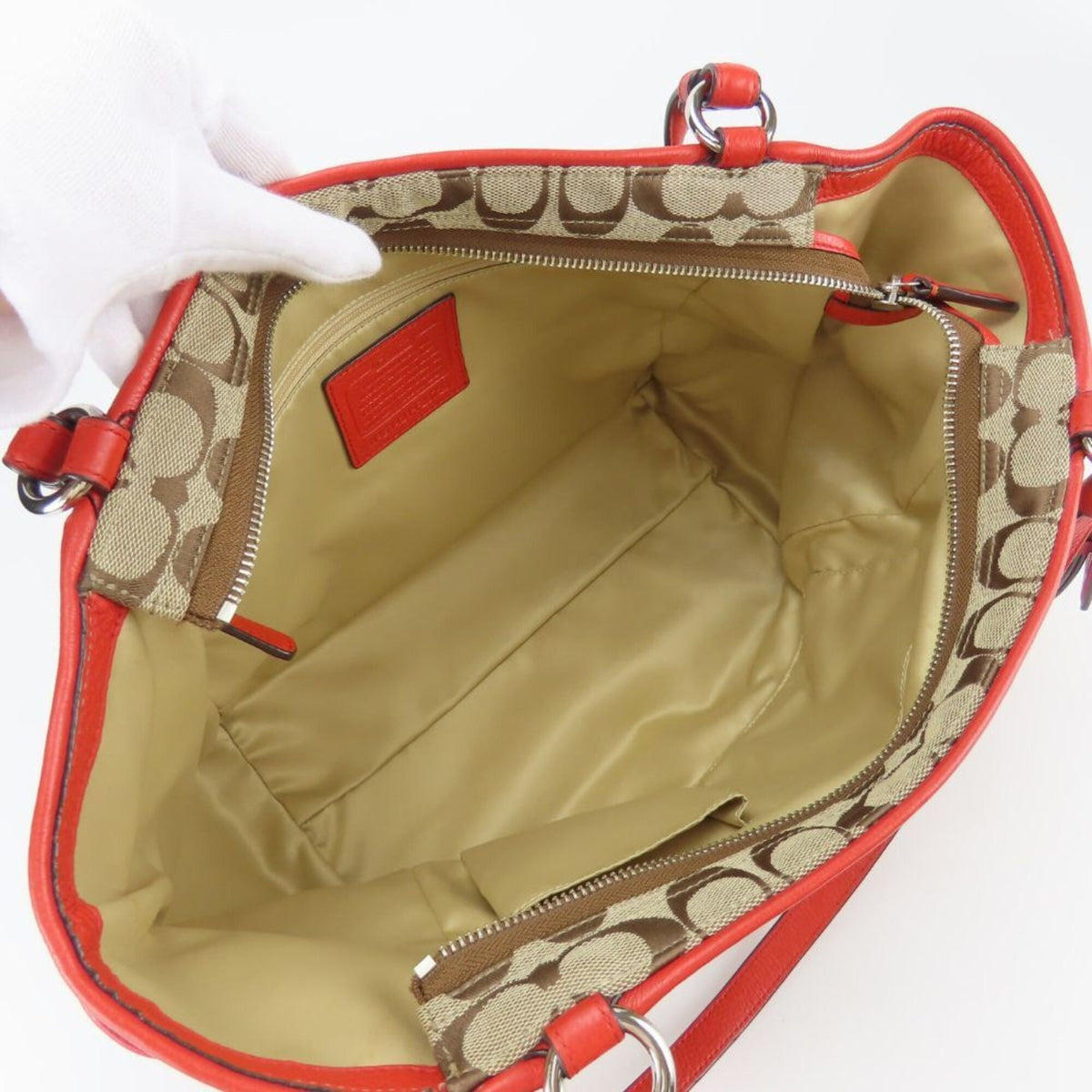 Coach Beige Red Color Canvas Leather Tote Bag (Pre-Owned)