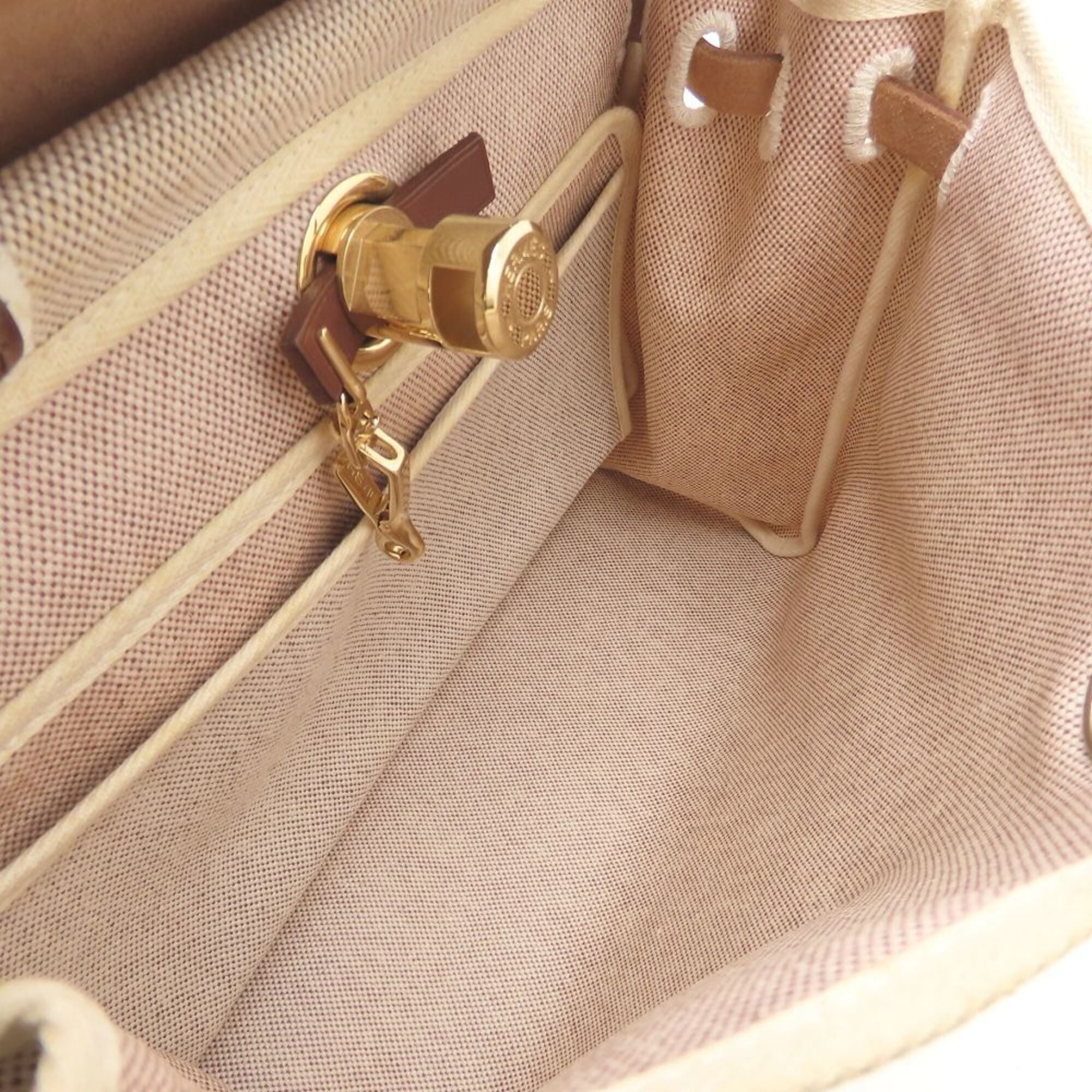 Hermes Her Bag Beige Brown Toile Officier Leather Shoulder Bag (Pre-Owned)
