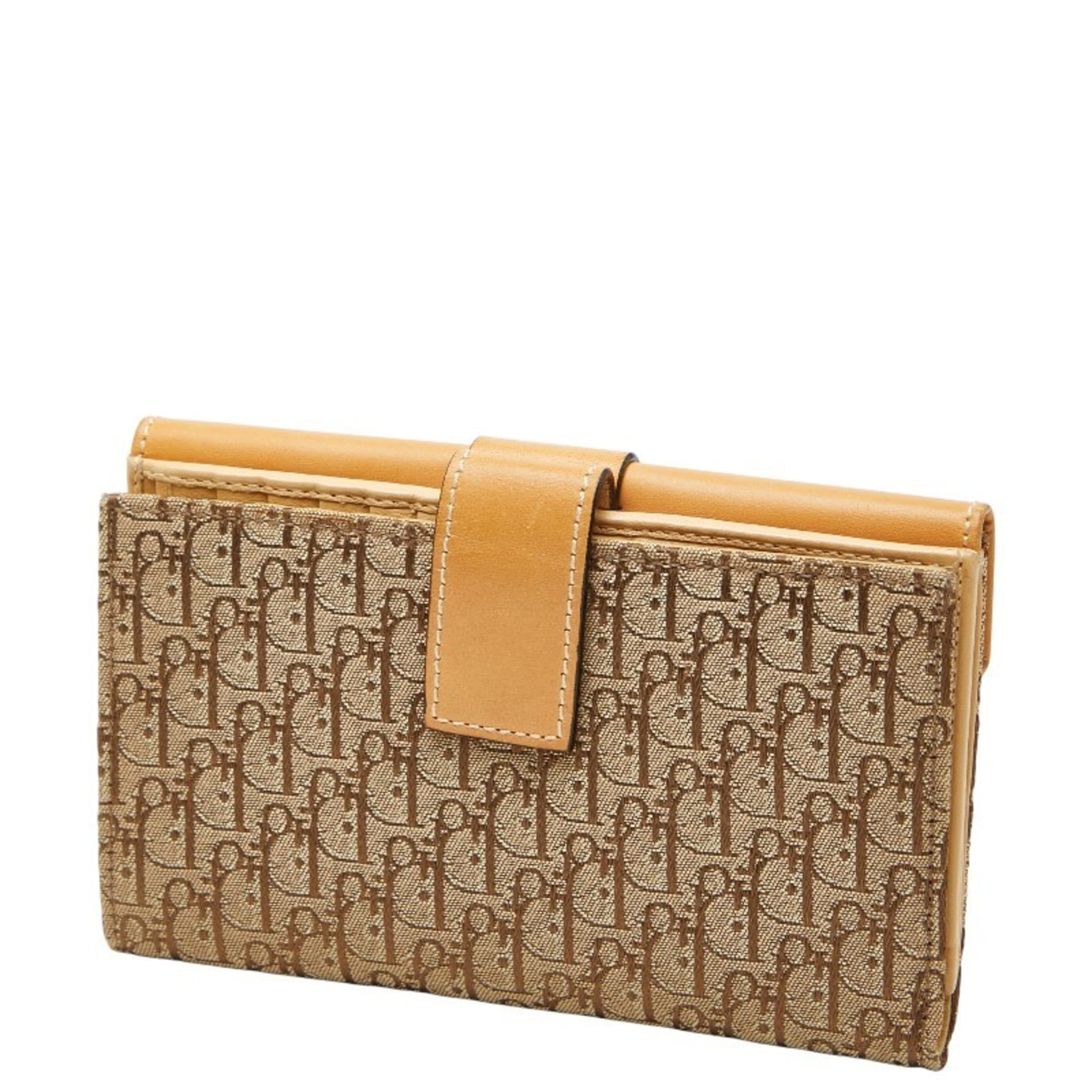 Christian Dior Beige Brown Canvas Leather Long Wallet (Bi-Fold) (Pre-Owned)