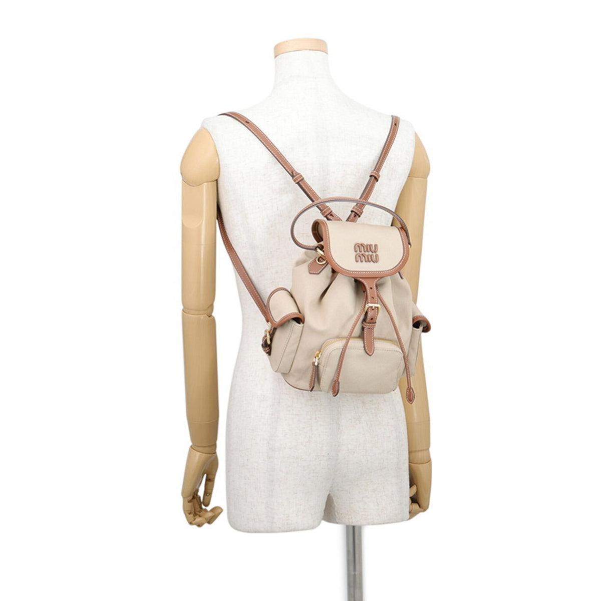 Miu Miu Beige Brown Leather Canvas Backpack Handbag (Pre-Owned)