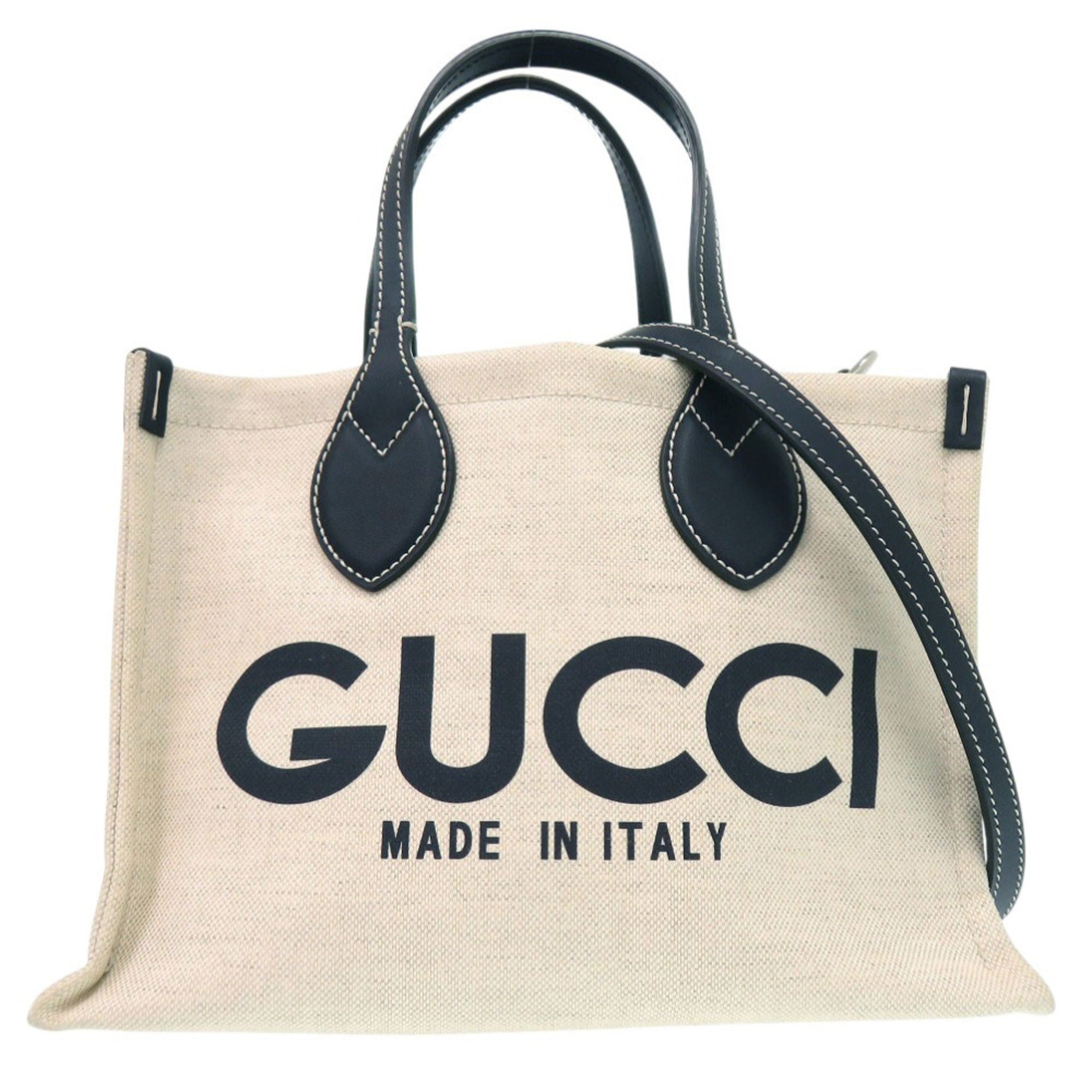 Gucci Navy Canvas Leather Tote Bag (Pre-Owned)