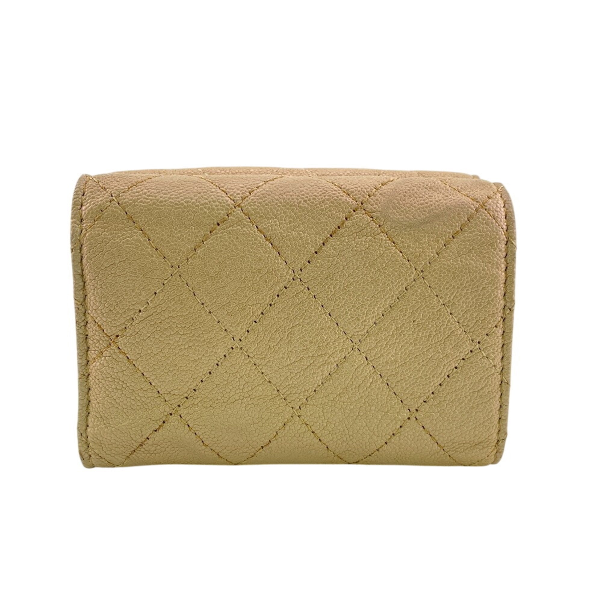 Chanel Beige Beige Gold Grained Calfskin Leather Wallet (Tri-Fold) (Pre-Owned)