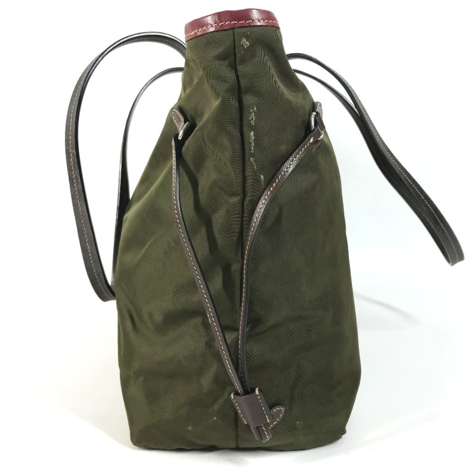 Prada Khaki Red Color Leather Nylon Shoulder Bag Tote Bag (Pre-Owned)