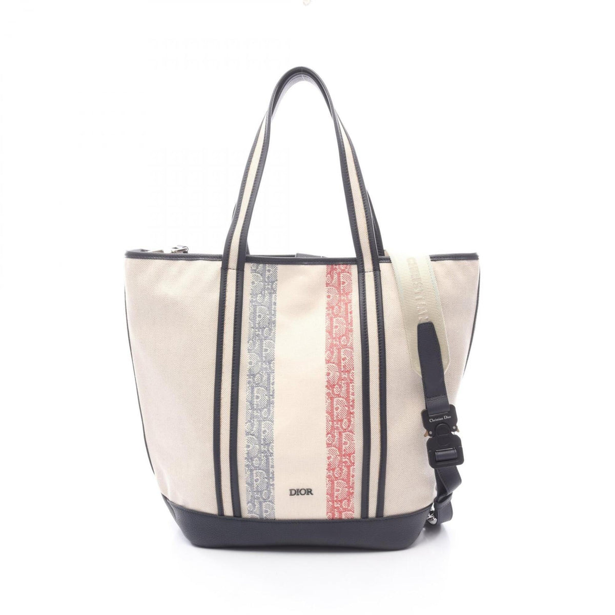 Christian Dior Ivory Navy Red Color Canvas Leather Handbag Tote Bag (Pre-Owned)