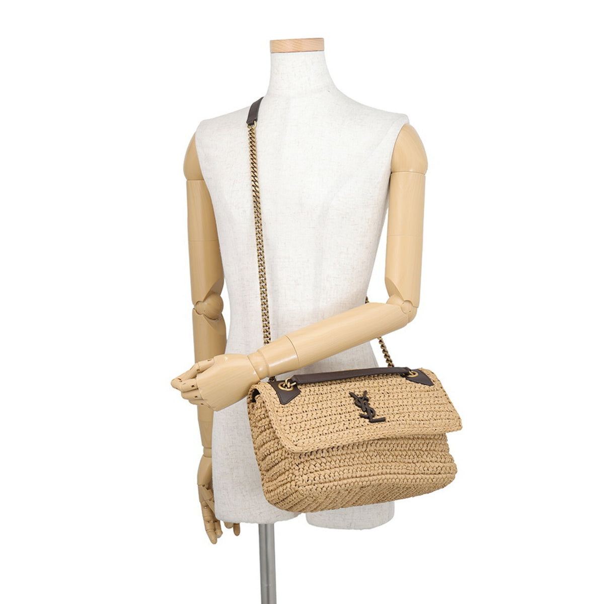 Yves Saint Laurent Beige Brown Raffia Leather Handbag Shoulder Bag (Pre-Owned)