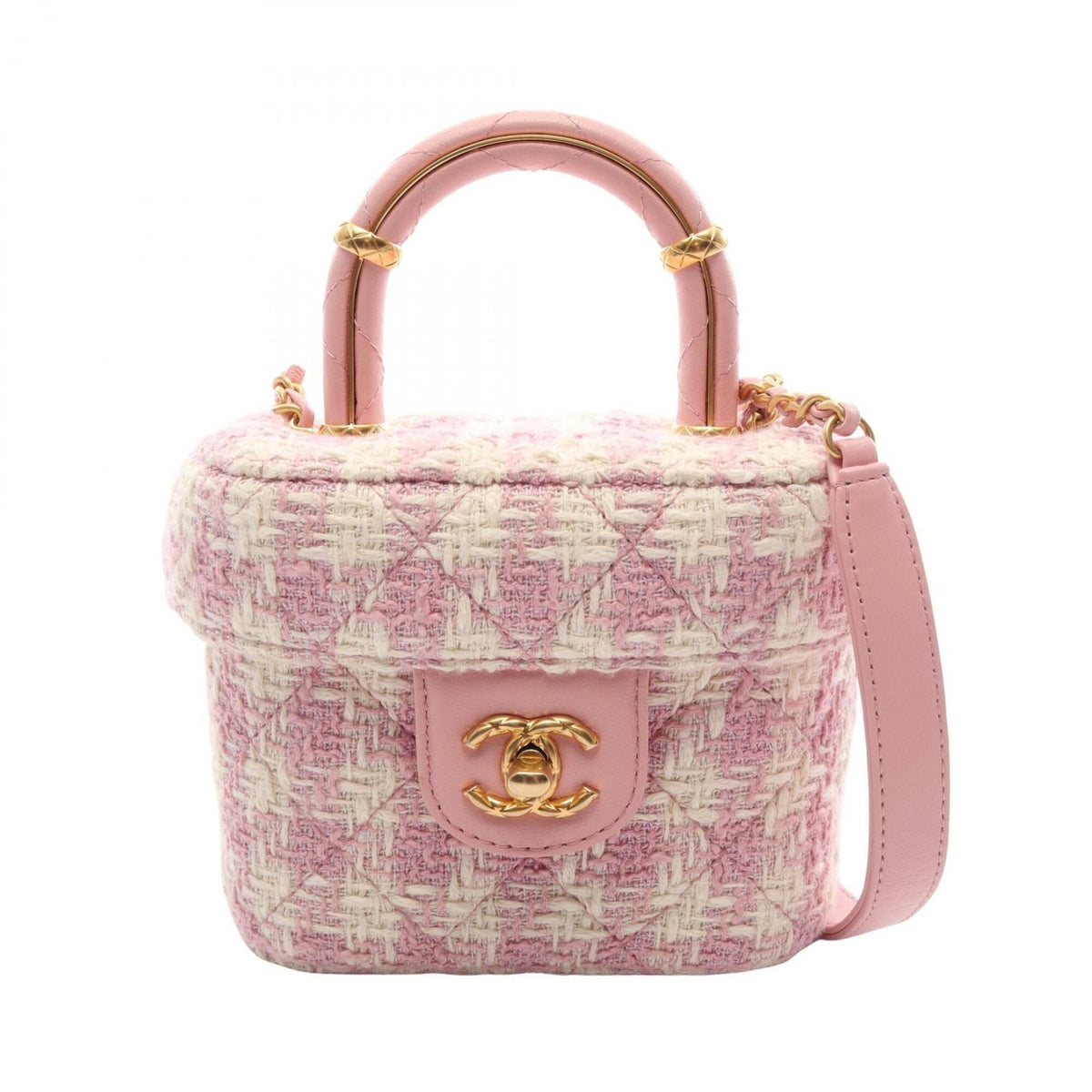 Chanel Pink White Fabric Leather Handbag Shoulder Bag (Pre-Owned)