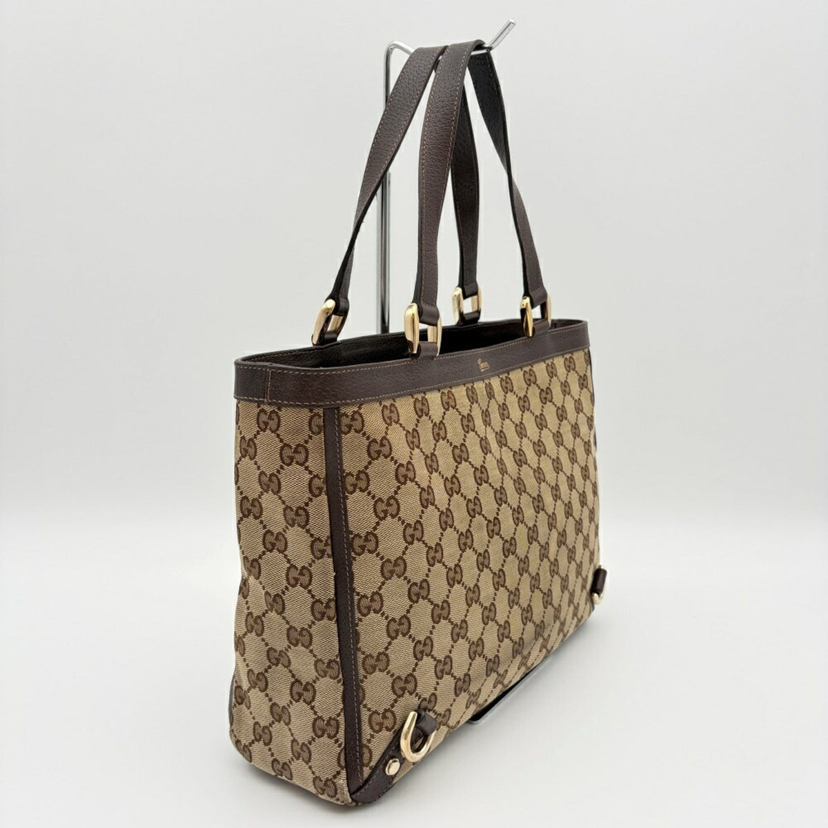 Gucci Beige Dark Brown Gg Canvas Leather Tote Bag (Pre-Owned)