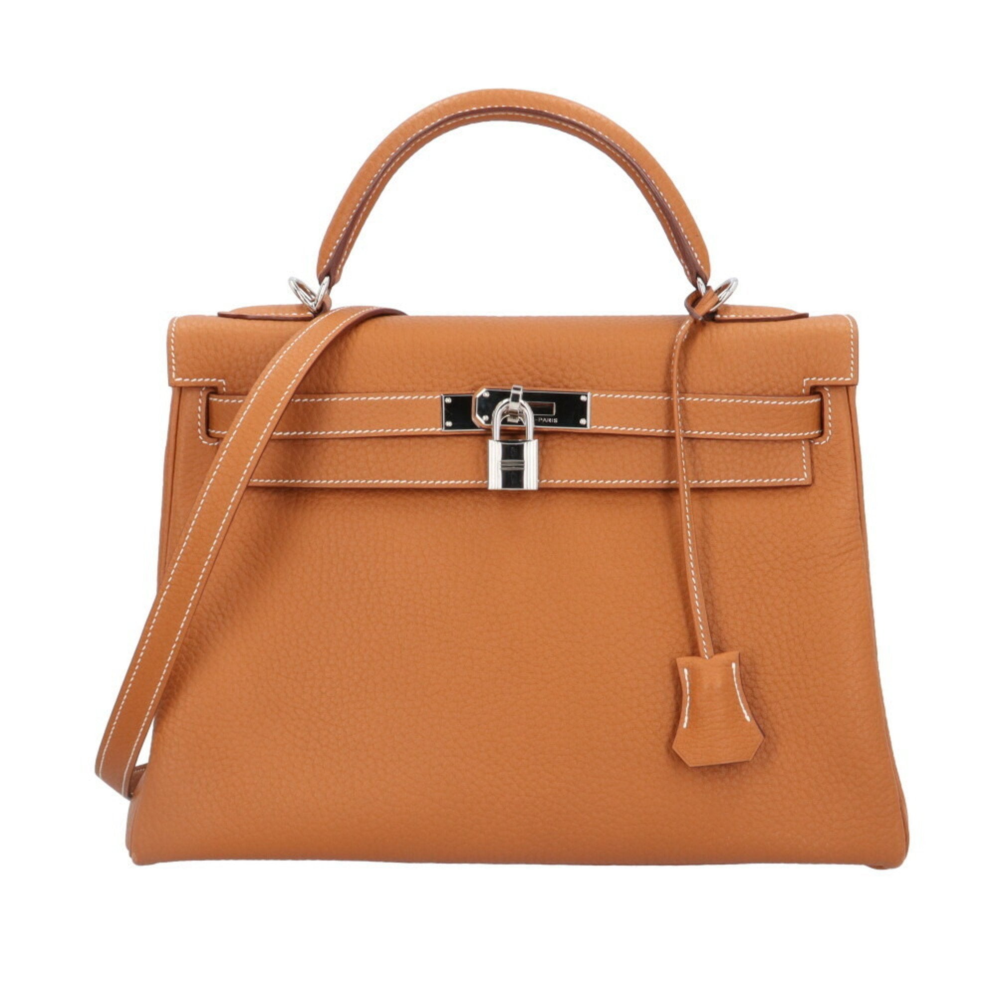 Hermes Kelly Brown Gold Taurillon Clemence Leather Shoulder Bag (Pre-Owned)