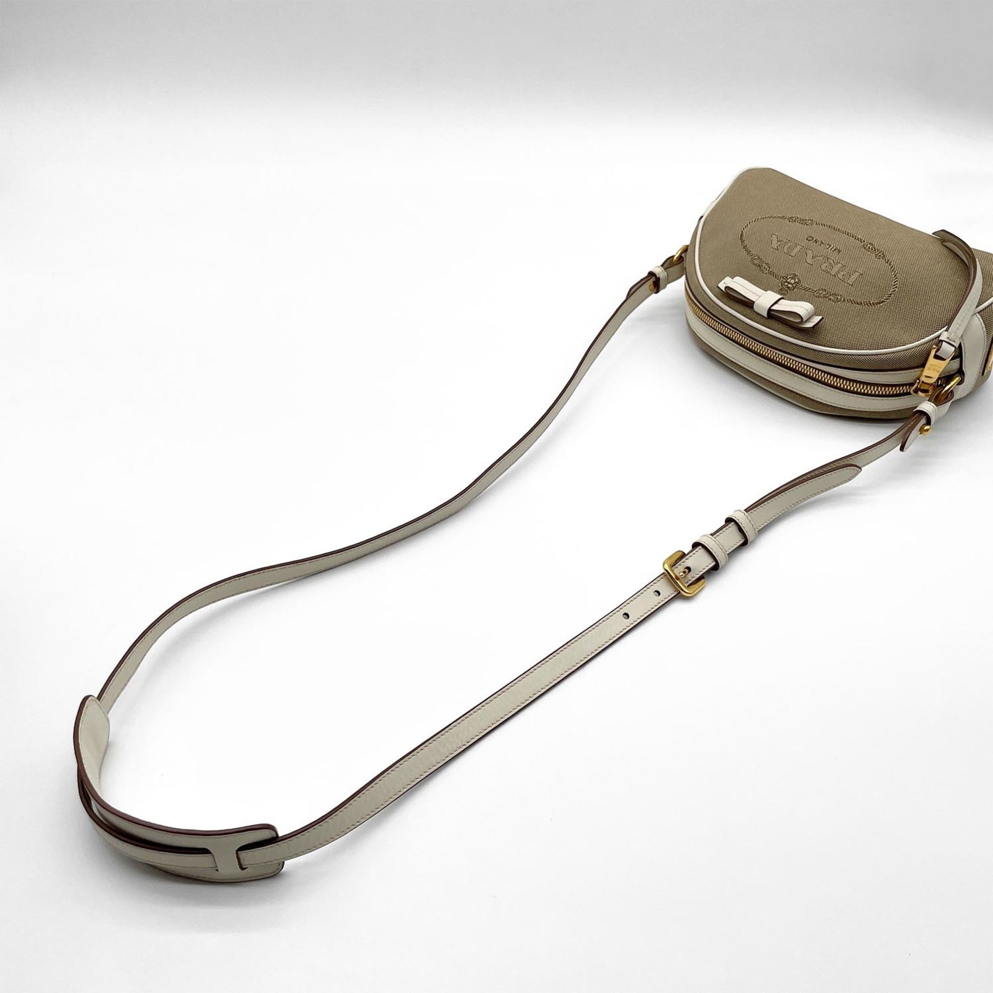 Prada Brown White Canvas Leather Shoulder Bag (Pre-Owned)