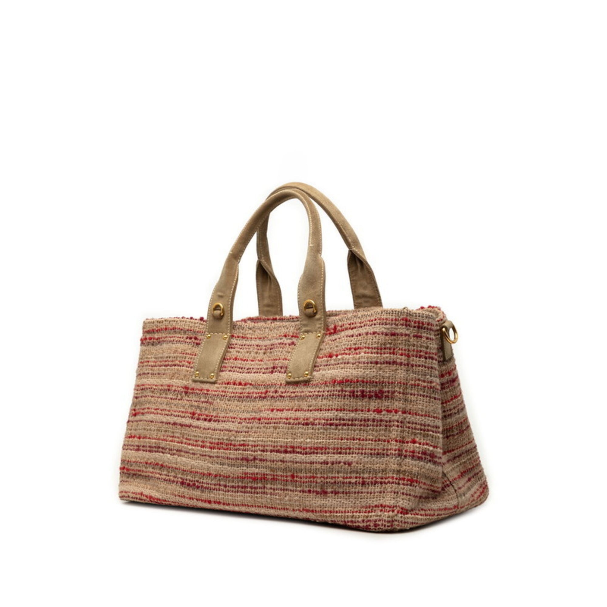 Prada Beige Multi-Color Red Color Tweed Suede Shoulder Bag Tote Bag (Pre-Owned)
