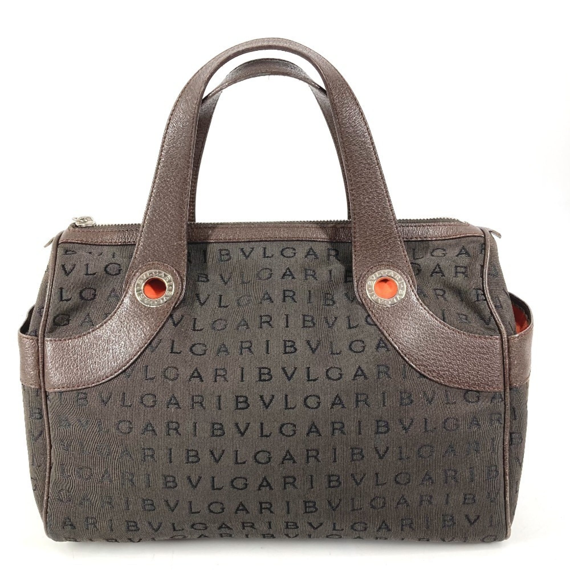 Bvlgari Logomania Brown Leather Canvas Boston Bag Handbag Tote Bag (Pre-Owned)