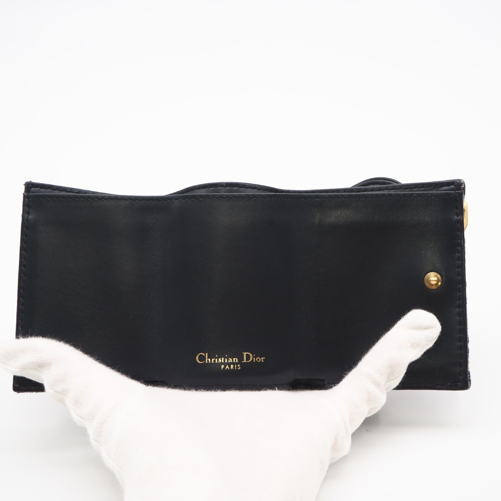 Christian Dior Beige Navy Canvas Leather Wallet (Tri-Fold) (Pre-Owned)