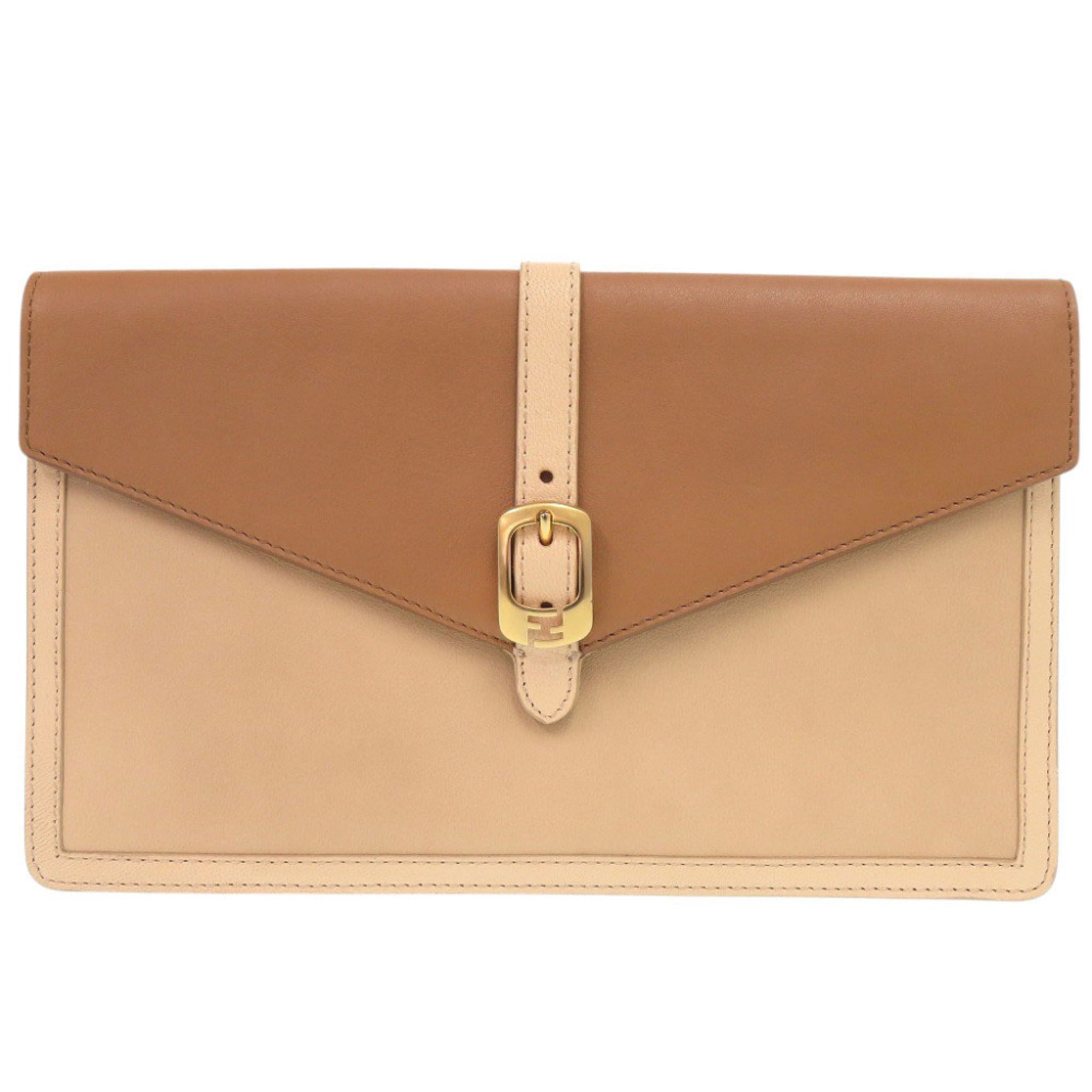 Fendi Beige Brown Leather Clutch Bag (Pre-Owned)