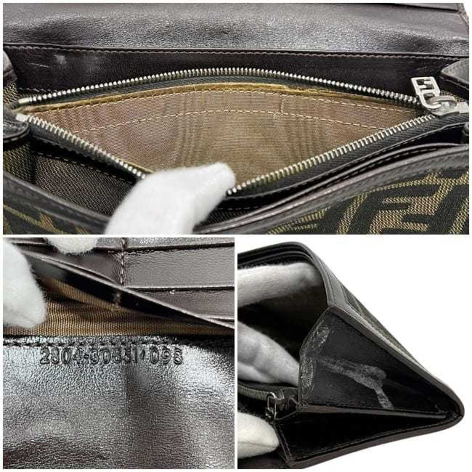 Fendi Brown Green Khaki Canvas Leather Long Wallet (Bi-Fold) (Pre-Owned)