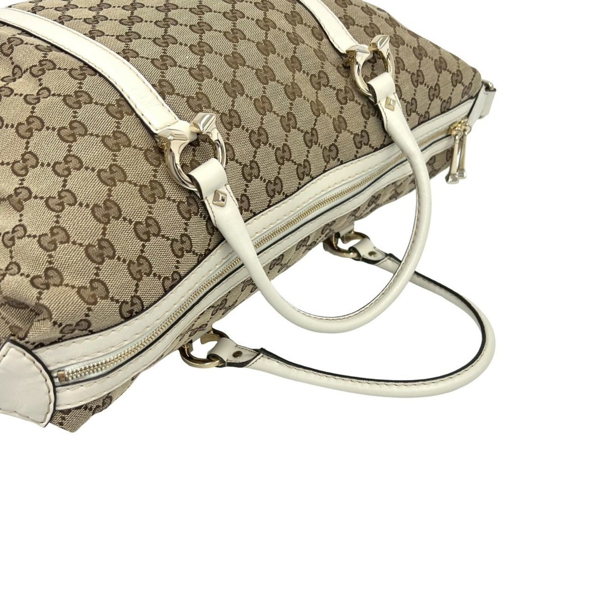 Gucci Brown White Canvas Leather Boston Bag Handbag (Pre-Owned)