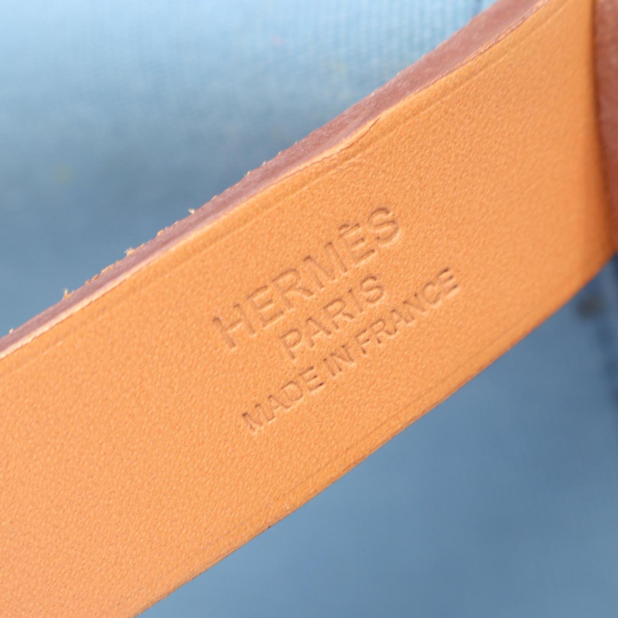 Hermes Blue Brown Toile Officier Leather Handbag Tote Bag (Pre-Owned)