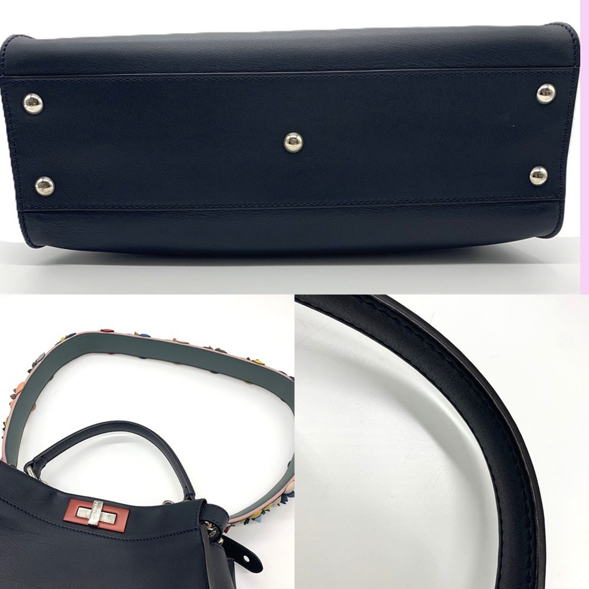 Fendi Peekaboo Dark Navy Red Color Leather Handbag Shoulder Bag (Pre-Owned)