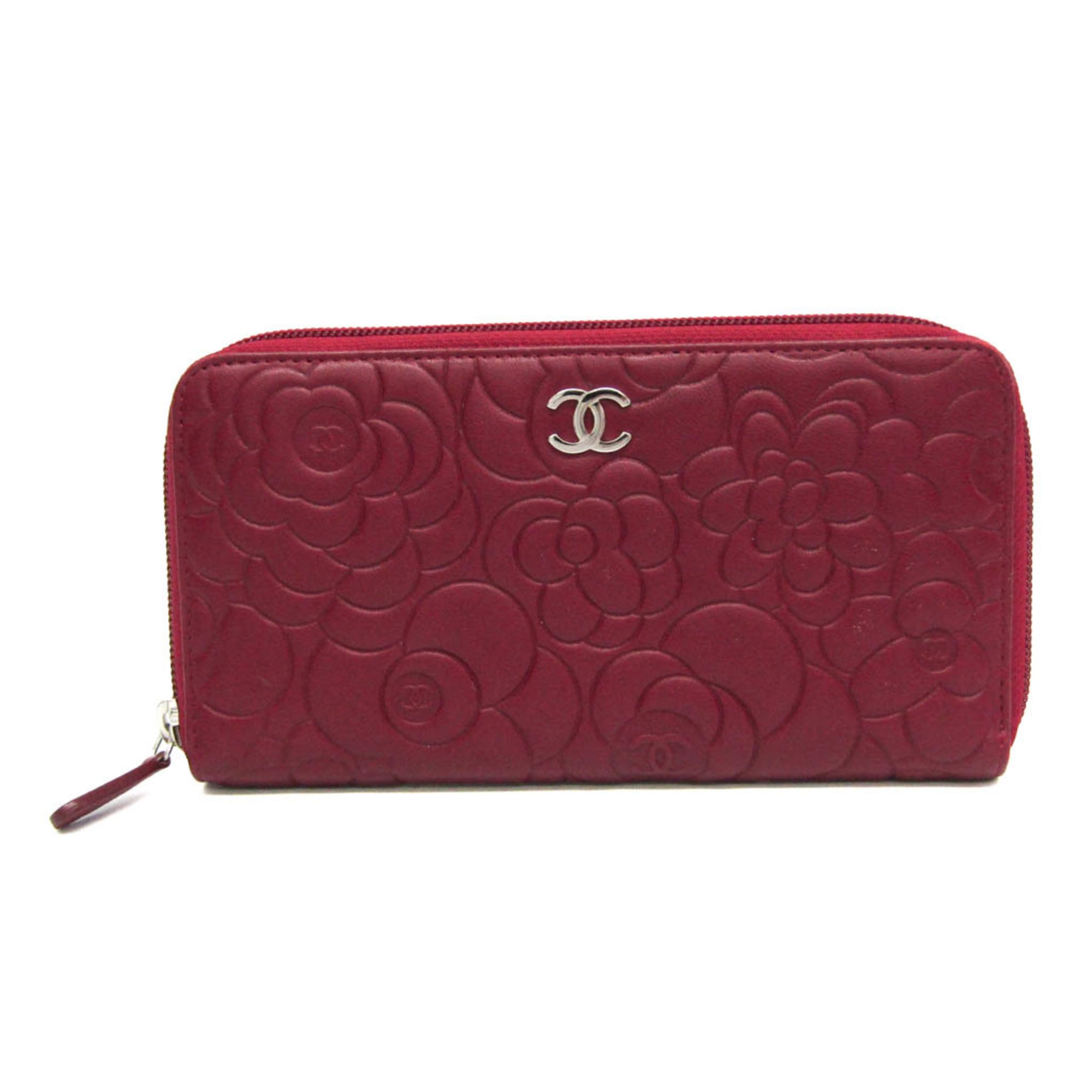 Chanel Camellia Zip Around Organizer Leather Burgundy Leather Wallets Accessory (Pre-Owned)